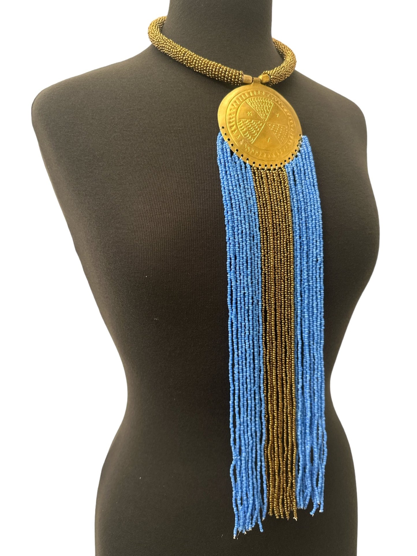 African Authentic Engraved Brass Long Lilac Beaded Fringe Pendant Necklace - Fatisha Boutique