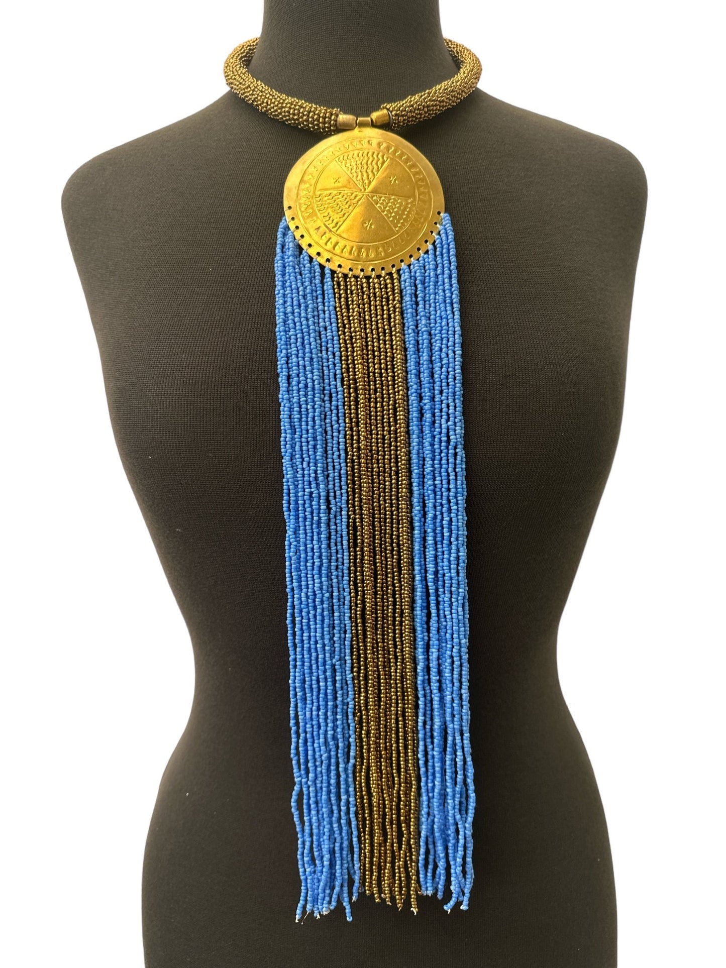 African Authentic Engraved Brass Long Lilac Beaded Fringe Pendant Necklace - Fatisha Boutique