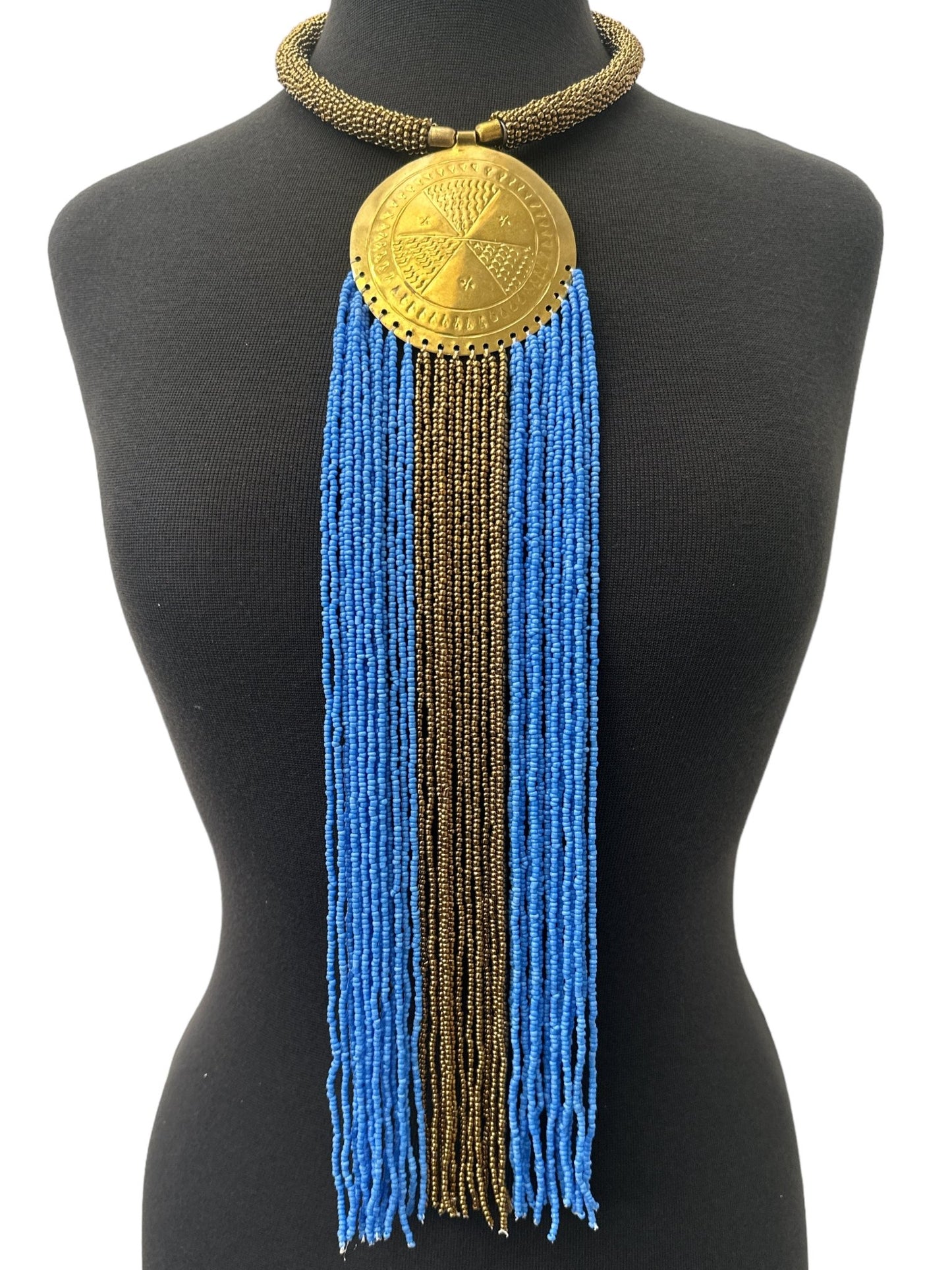African Authentic Engraved Brass Long Lilac Beaded Fringe Pendant Necklace - Fatisha Boutique
