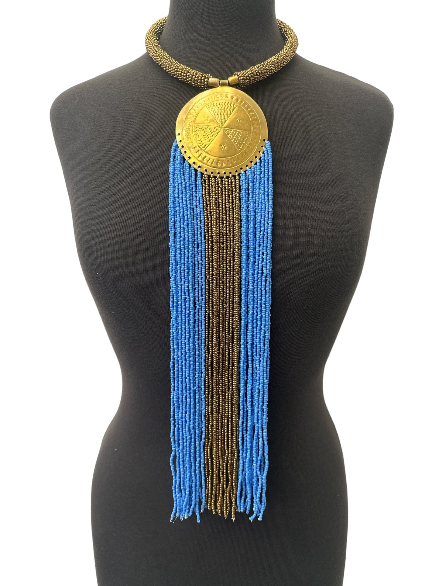 African Authentic Engraved Brass Long Lilac Beaded Fringe Pendant Necklace - Fatisha Boutique