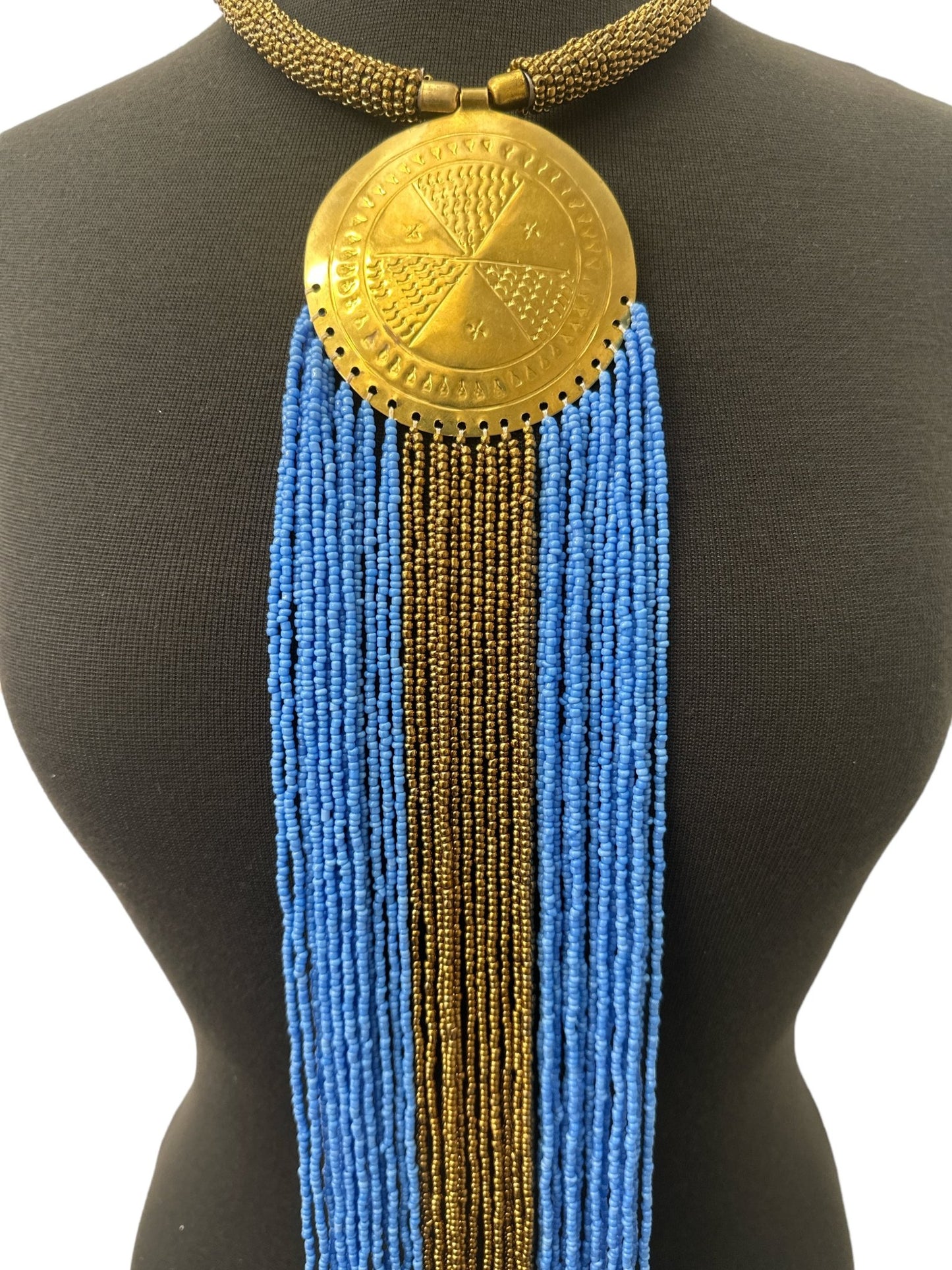 African Authentic Engraved Brass Long Lilac Beaded Fringe Pendant Necklace - Fatisha Boutique