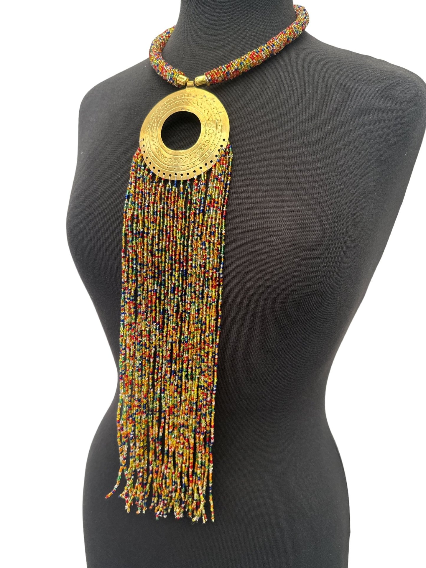 African Authentic Engraved Brass Long Multicolours Beaded Fringe Pendant Necklace - Fatisha Boutique