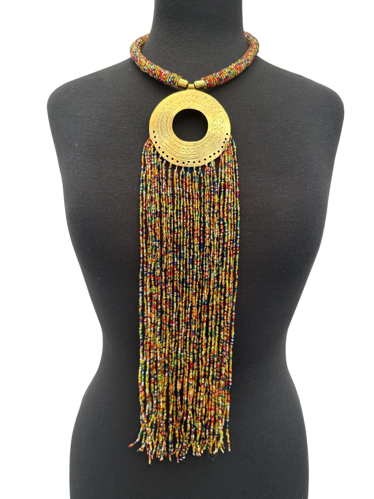 African Authentic Engraved Brass Long Multicolours Beaded Fringe Pendant Necklace - Fatisha Boutique
