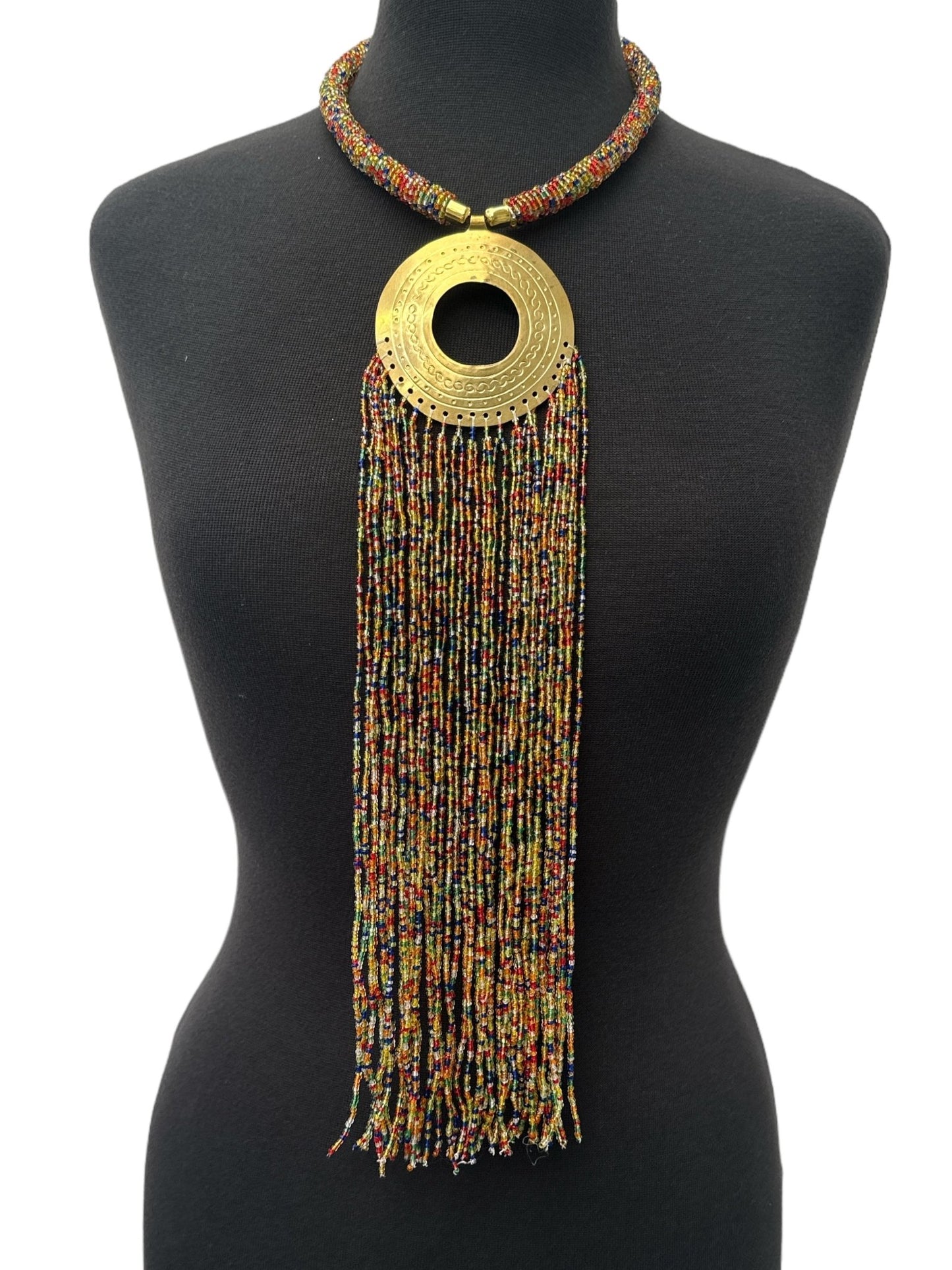 African Authentic Engraved Brass Long Multicolours Beaded Fringe Pendant Necklace - Fatisha Boutique