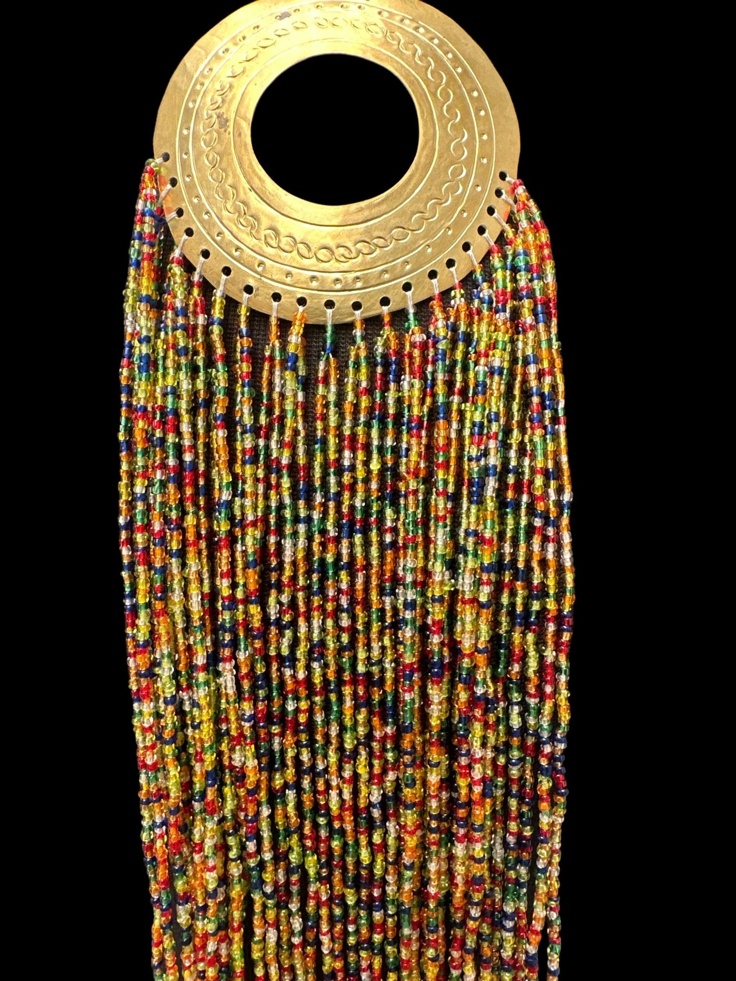 African Authentic Engraved Brass Long Multicolours Beaded Fringe Pendant Necklace - Fatisha Boutique
