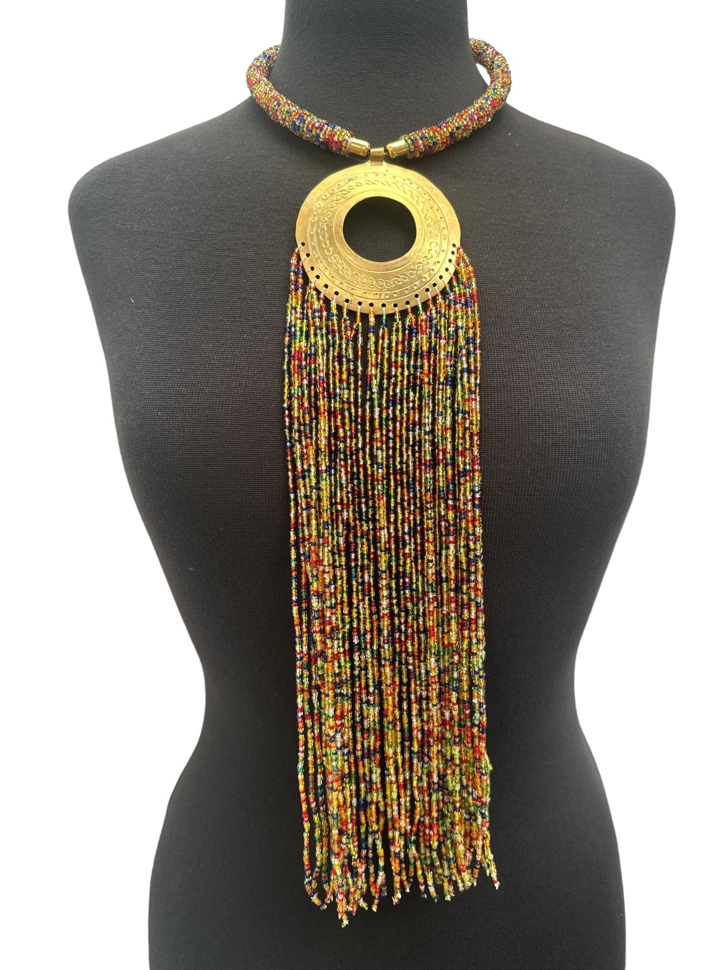 African Authentic Engraved Brass Long Multicolours Beaded Fringe Pendant Necklace - Fatisha Boutique