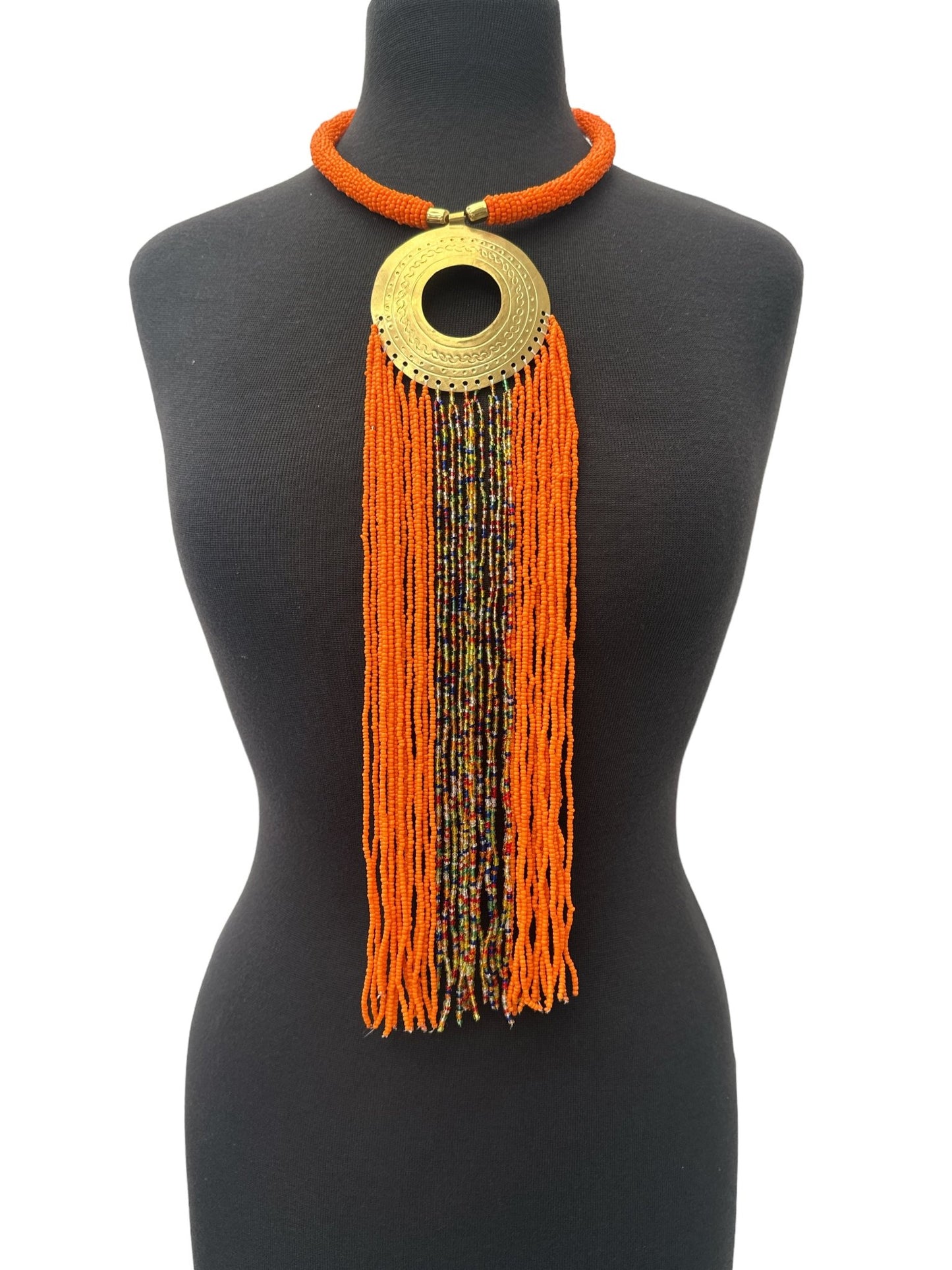 African Authentic Engraved Brass Long Orange Beaded Fringe Pendant Necklace - Fatisha Boutique
