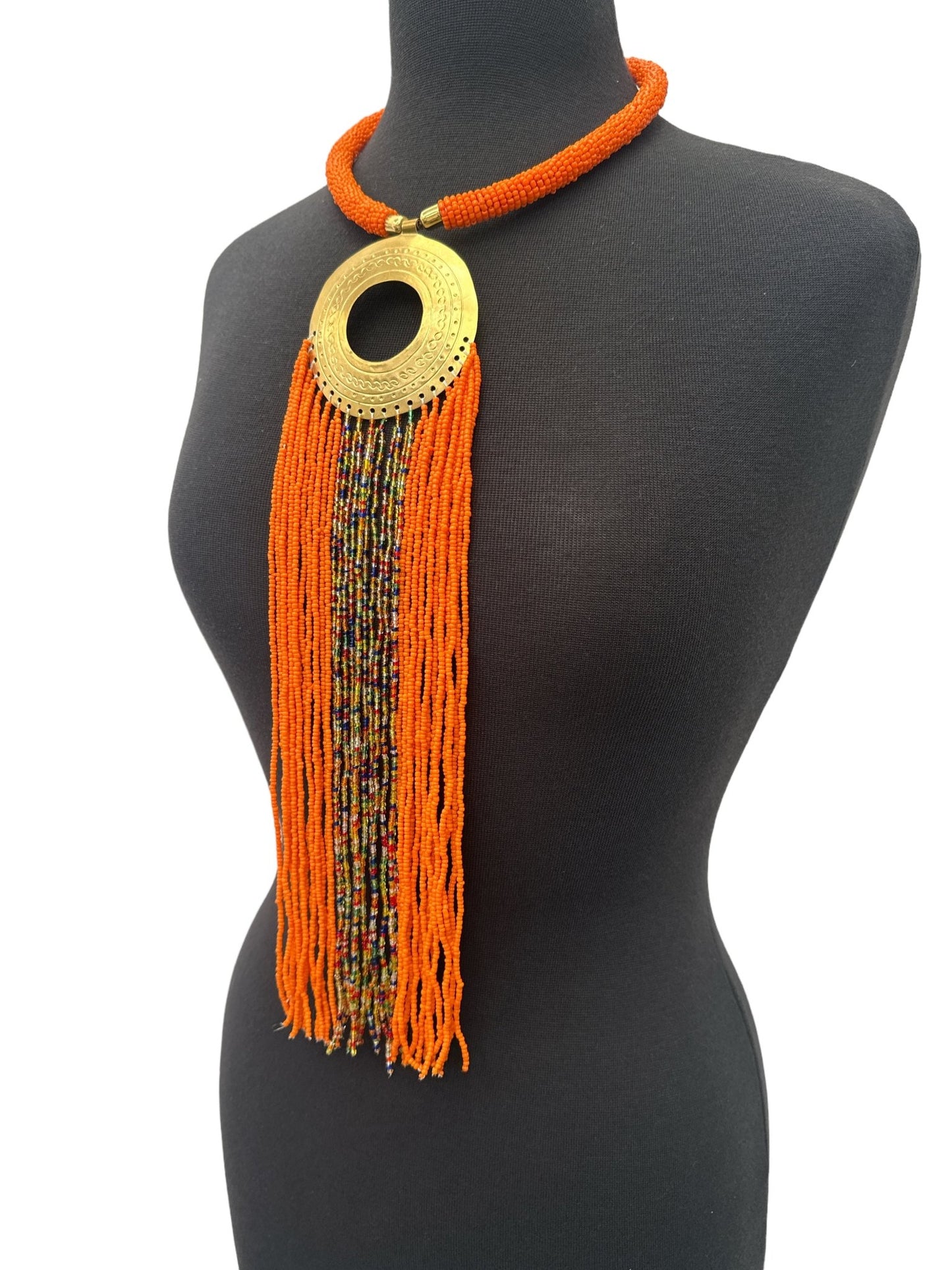 African Authentic Engraved Brass Long Orange Beaded Fringe Pendant Necklace - Fatisha Boutique
