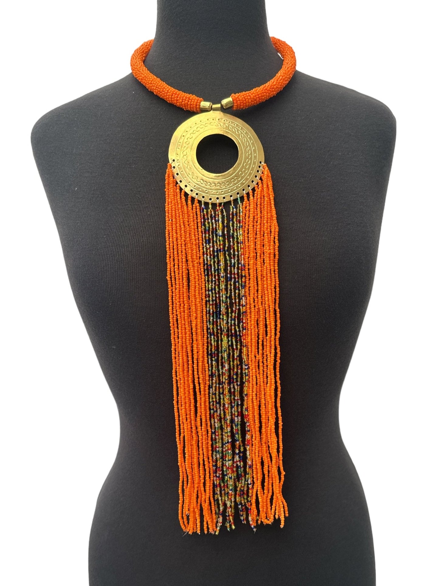 African Authentic Engraved Brass Long Orange Beaded Fringe Pendant Necklace - Fatisha Boutique