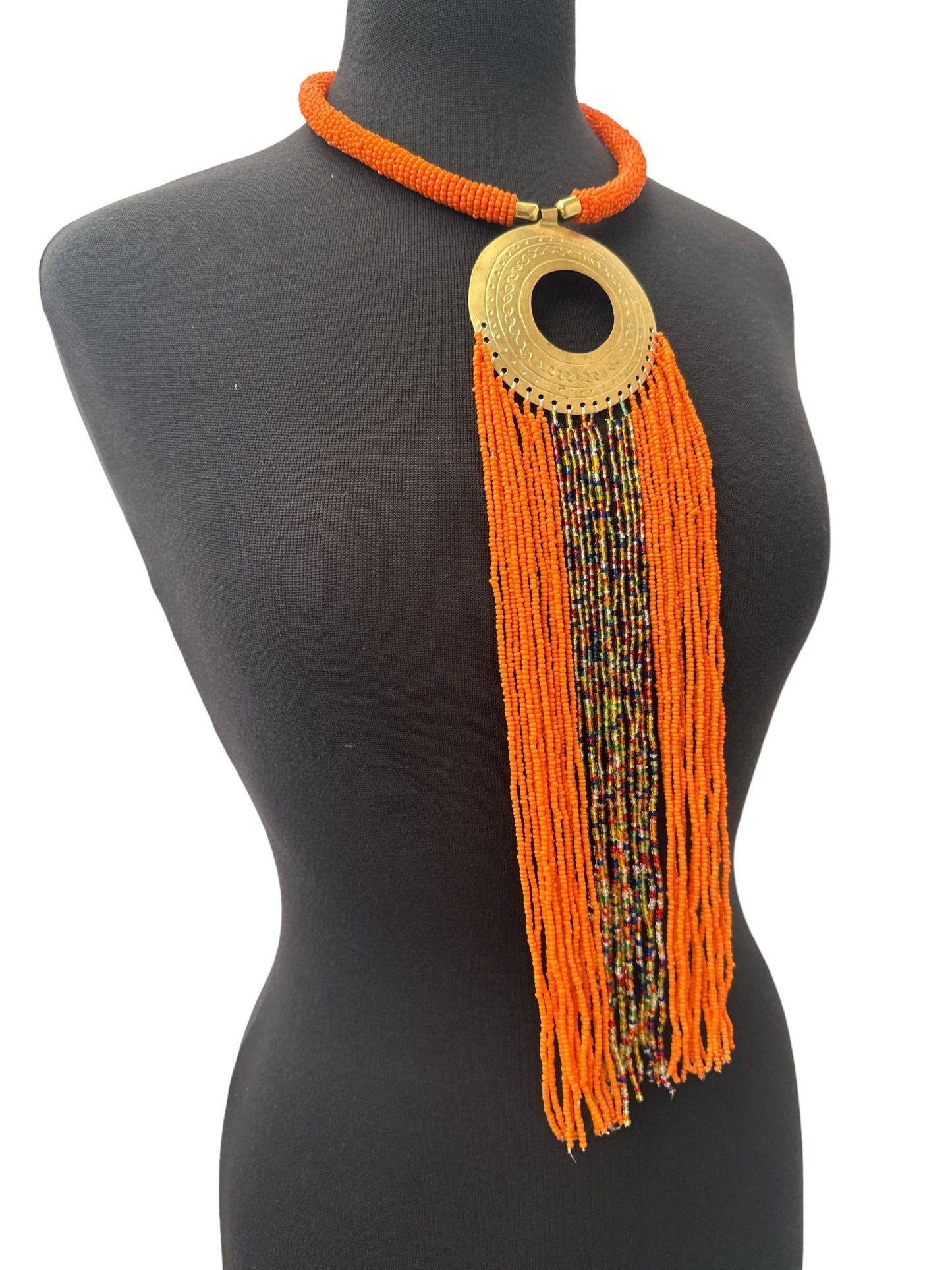 African Authentic Engraved Brass Long Orange Beaded Fringe Pendant Necklace - Fatisha Boutique