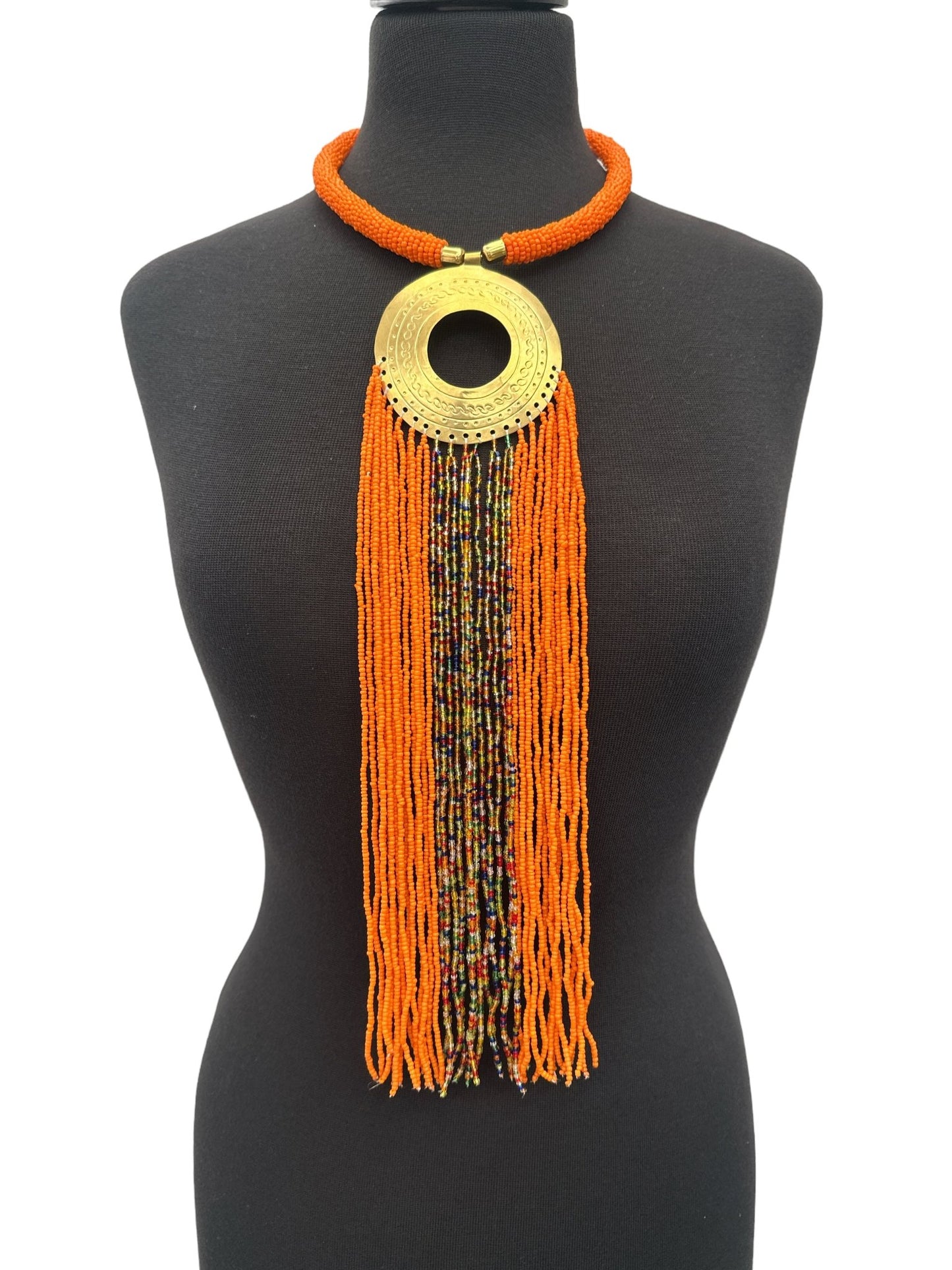 African Authentic Engraved Brass Long Orange Beaded Fringe Pendant Necklace - Fatisha Boutique