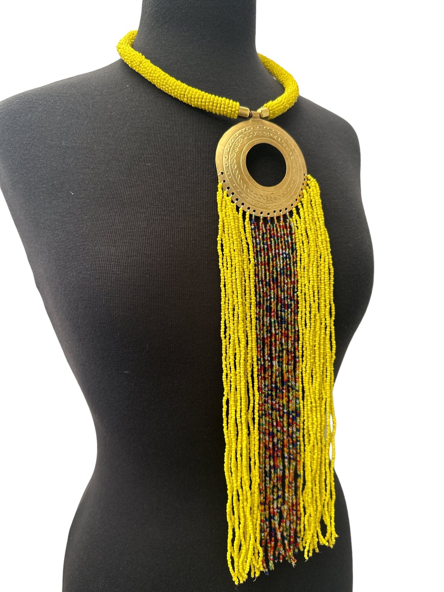 African Authentic Engraved Brass Long Yellow Beaded Fringe Pendant Necklace - Fatisha Boutique