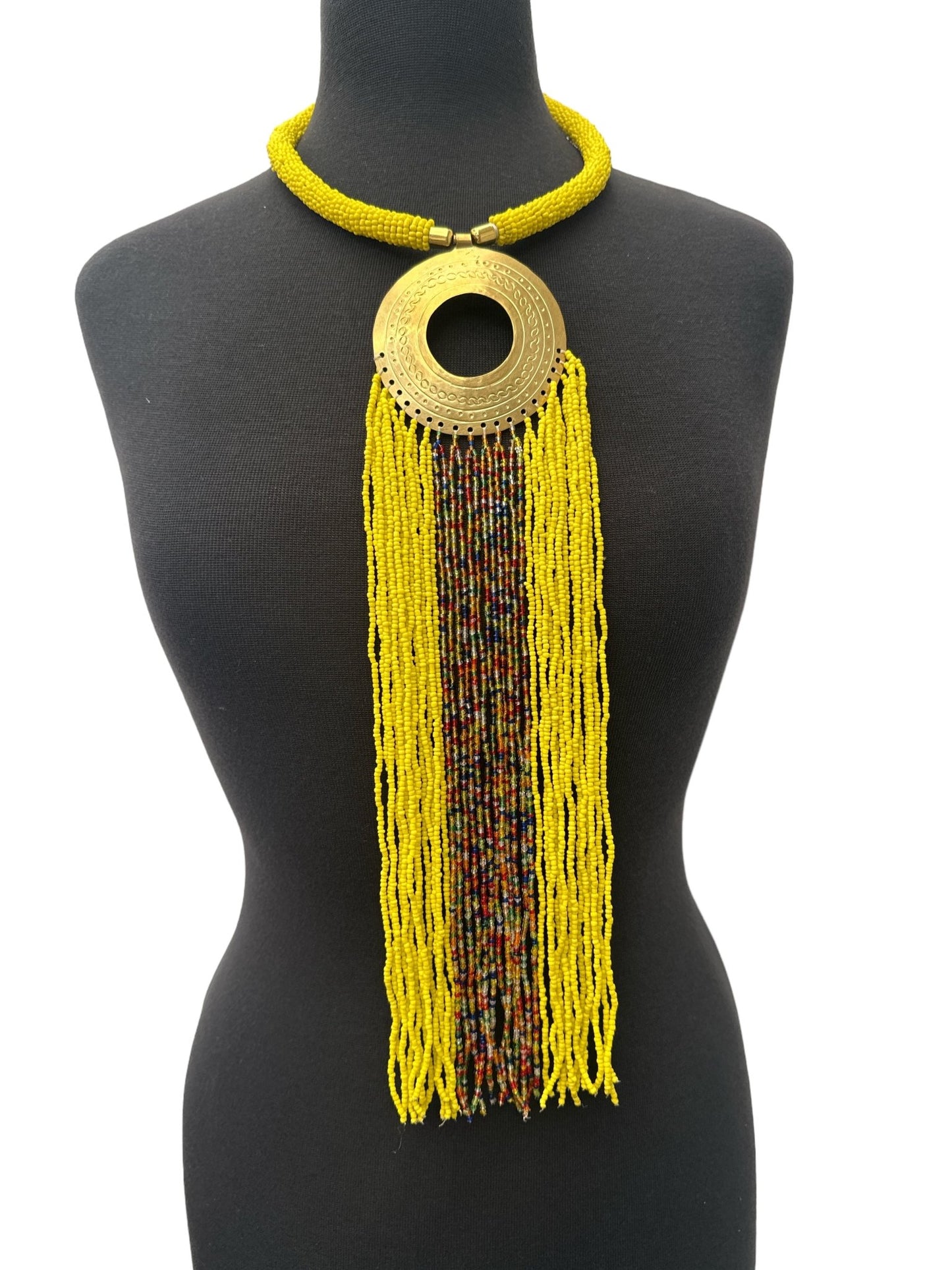 African Authentic Engraved Brass Long Yellow Beaded Fringe Pendant Necklace - Fatisha Boutique