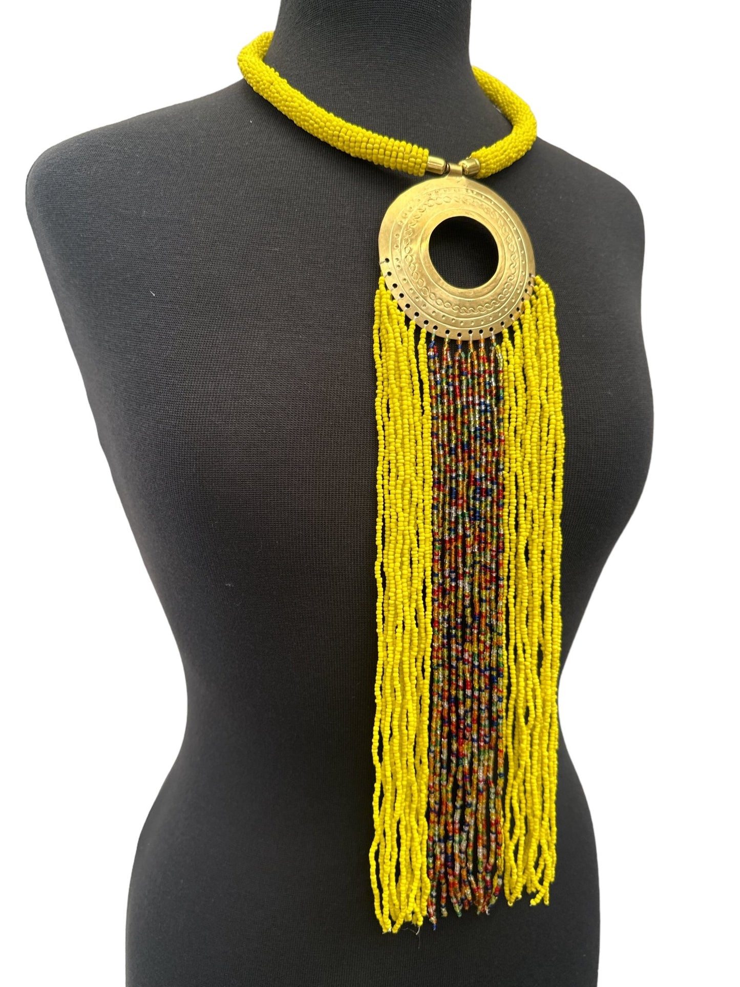 African Authentic Engraved Brass Long Yellow Beaded Fringe Pendant Necklace - Fatisha Boutique