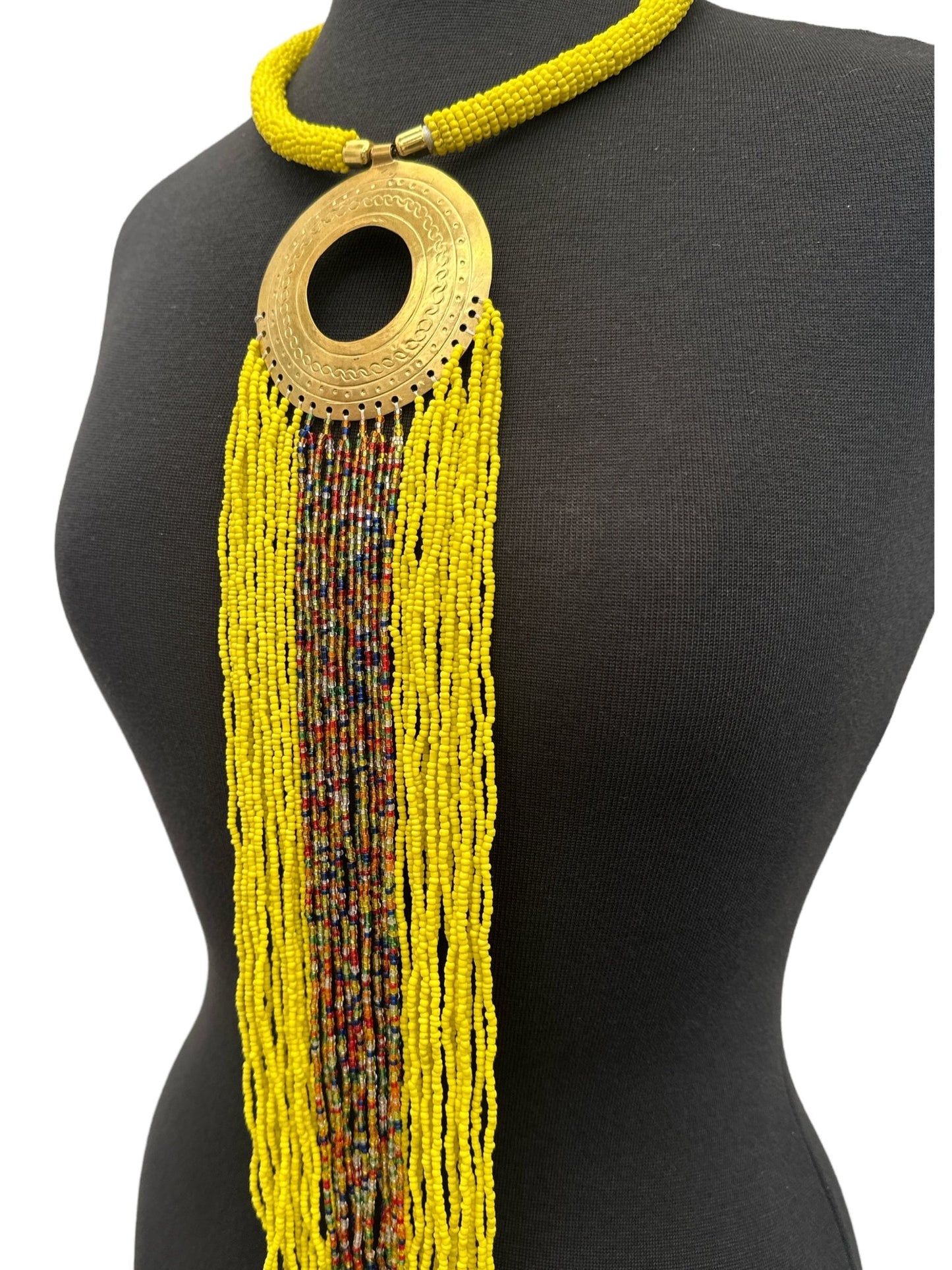 African Authentic Engraved Brass Long Yellow Beaded Fringe Pendant Necklace - Fatisha Boutique