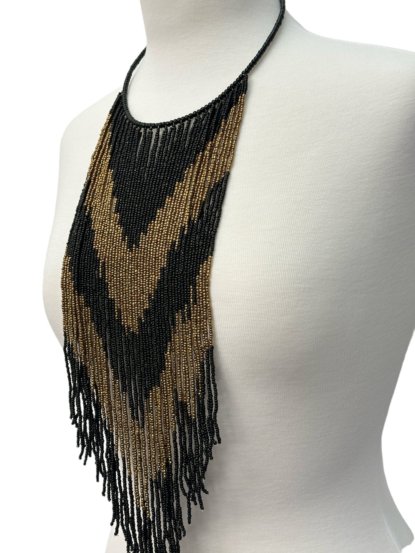 African Authentic Long Black Beaded Fringe Tassels Necklace Pendant - Fatisha Boutique