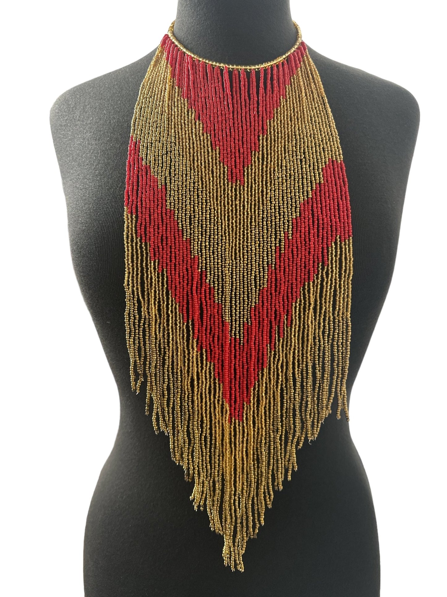 African Authentic Long Red Beaded Fringe Tassels Necklace Pendant - Fatisha Boutique
