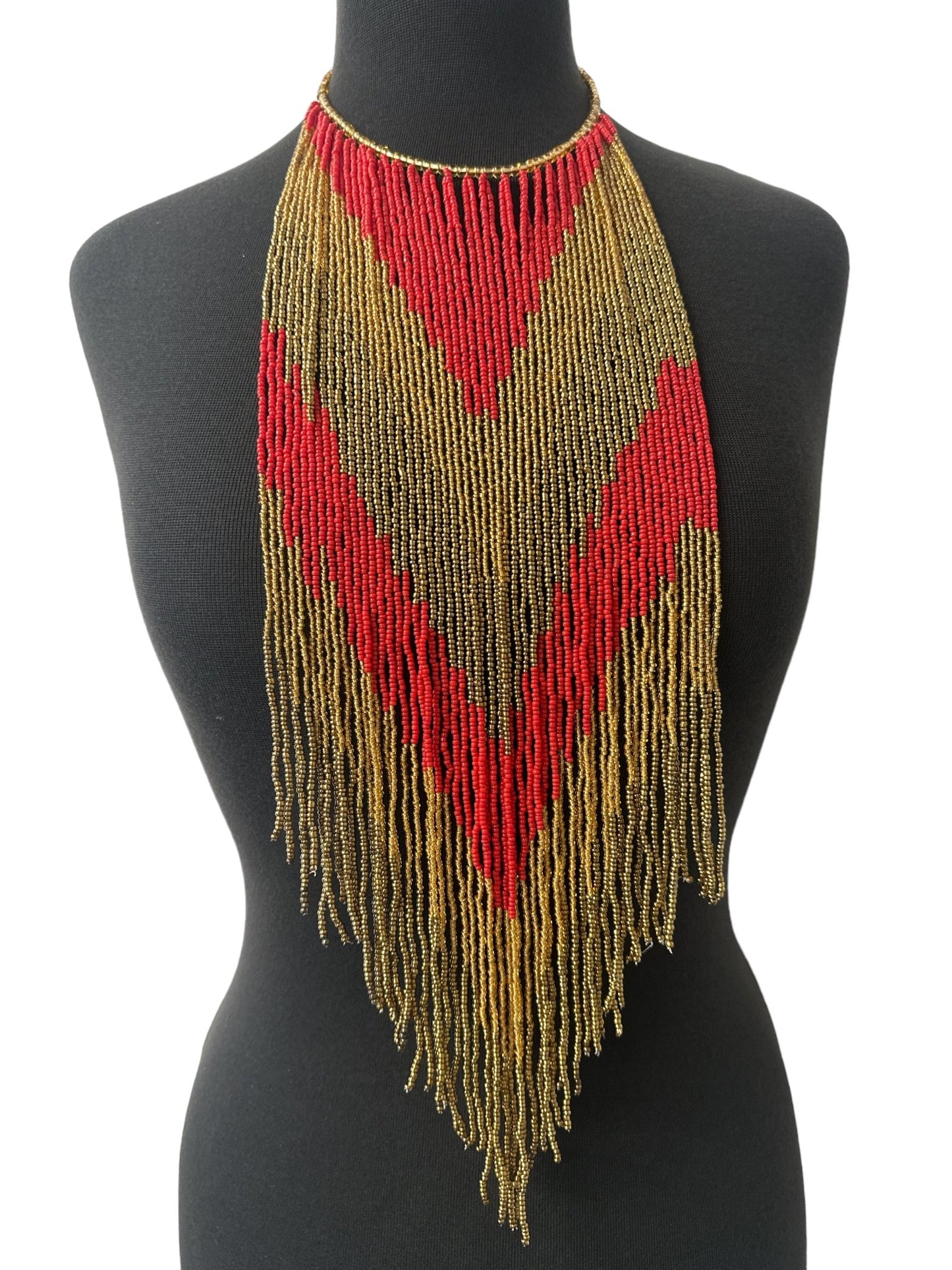 African Authentic Long Red Beaded Fringe Tassels Necklace Pendant - Fatisha Boutique