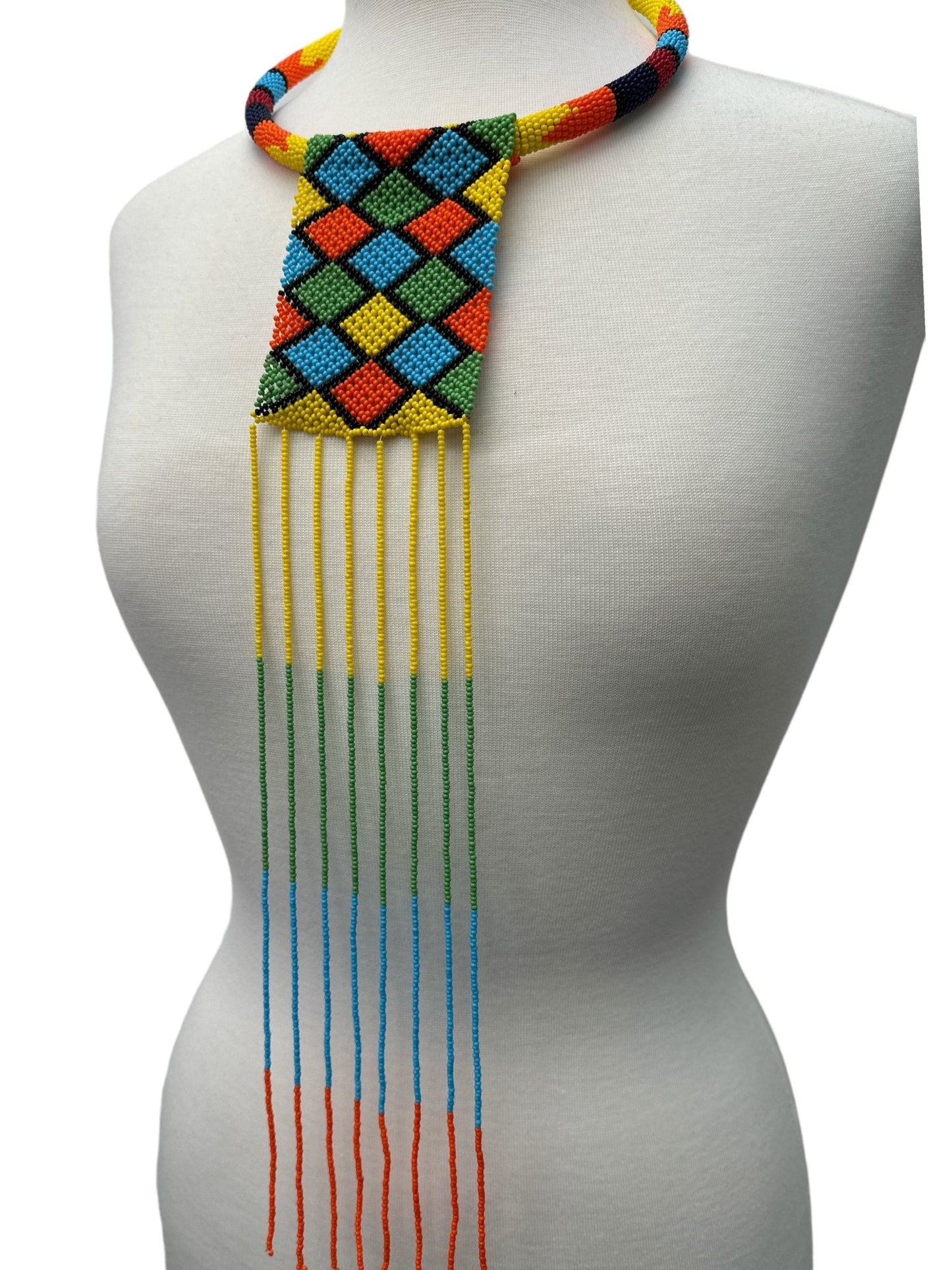 African Authentic Multicoloured Beaded Ethnic Long Pendant Tassel Necklace - Fatisha Boutique