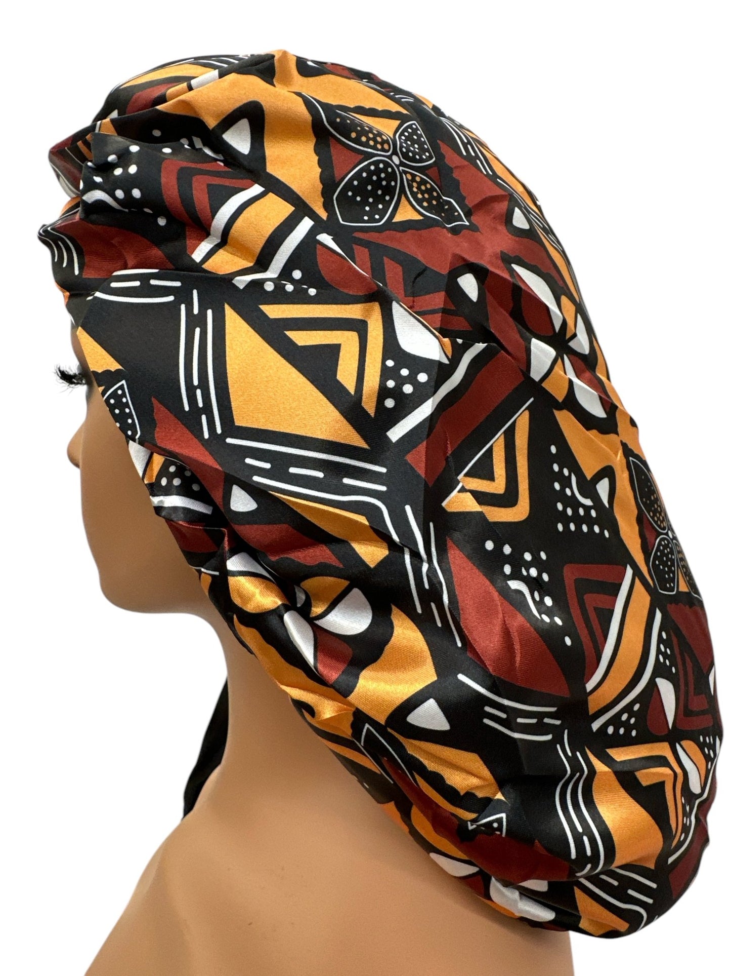 Ankara Print Satin Silk Bonnet Cap – Long Wide Tie | Single Layer | Hair Protection Night Cap - Fatisha Boutique