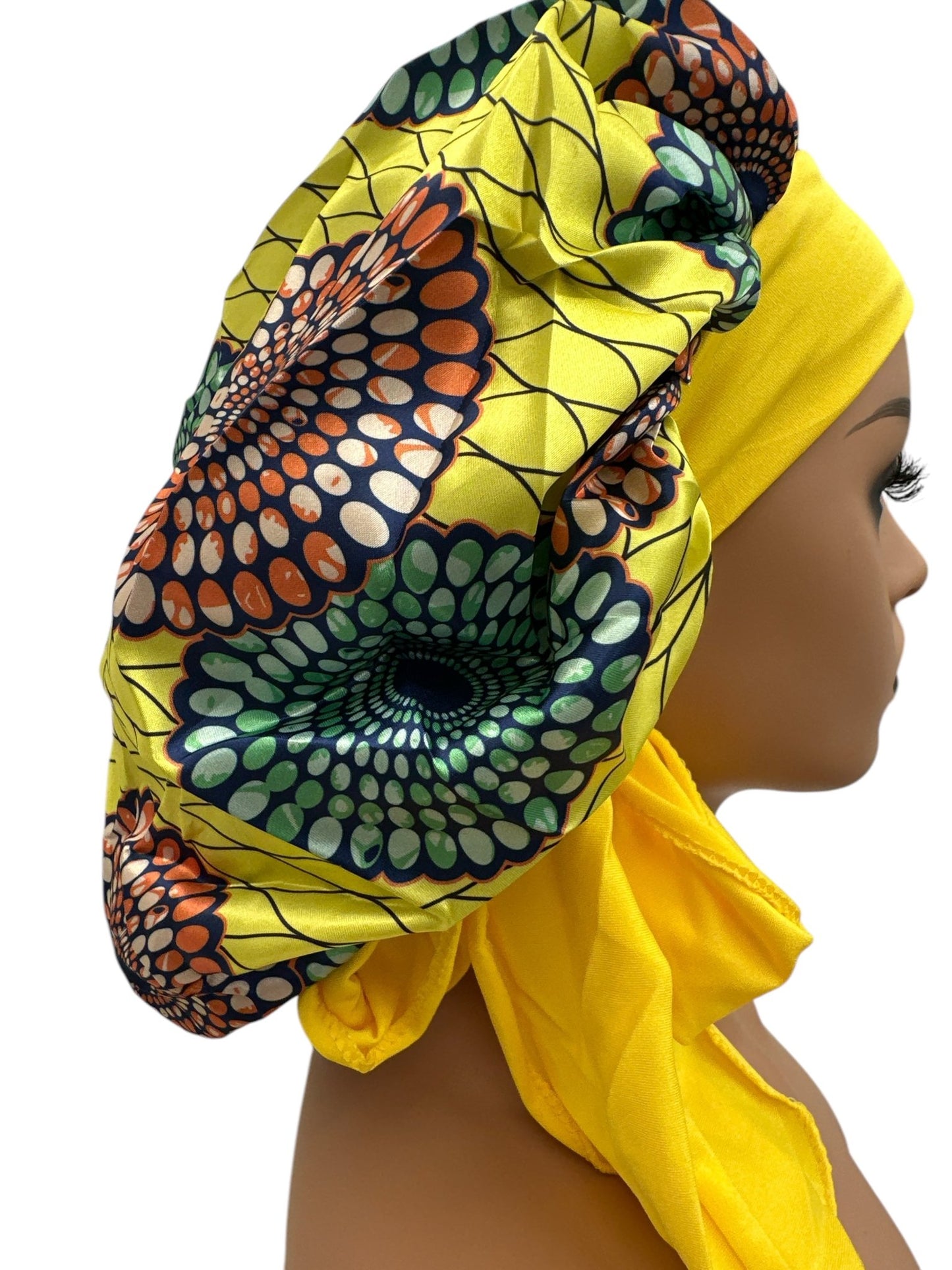 Ankara Print Satin Silk Bonnet Cap – Long Wide Tie | Single Layer | Hair Protection Night Cap - Fatisha Boutique