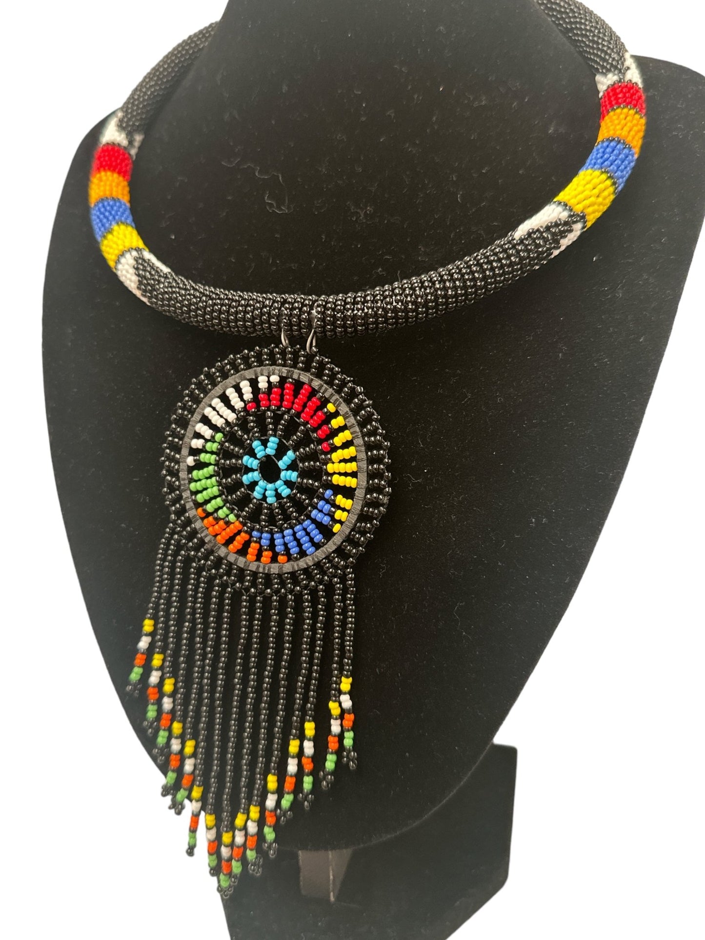 Authentic African Black Beaded Tassel Ethnic Pendant Necklace - Fatisha Boutique