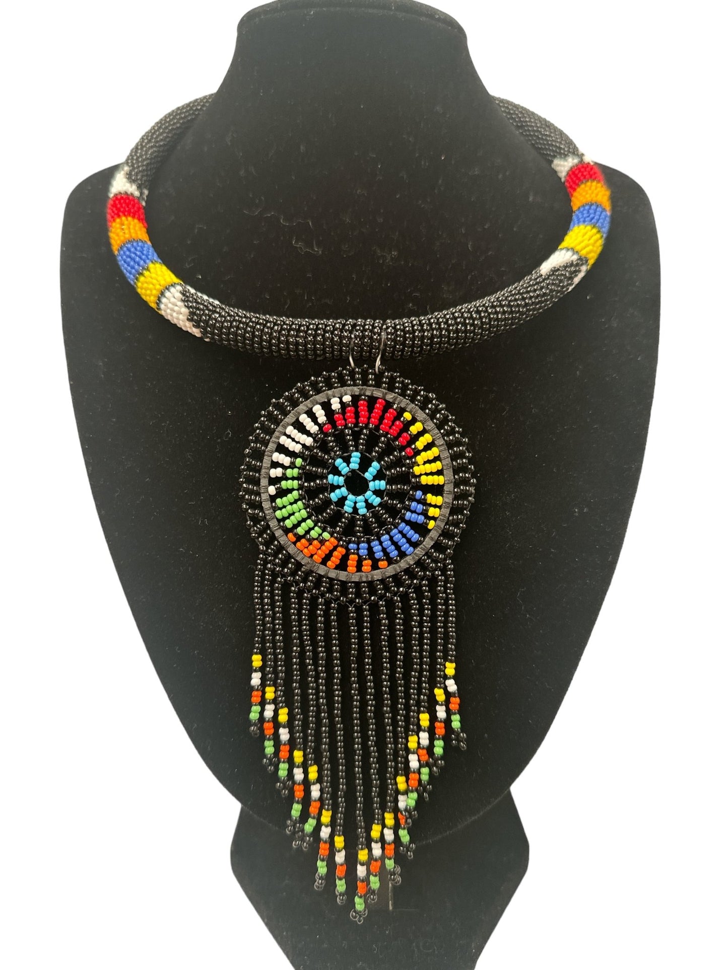 Authentic African Black Beaded Tassel Ethnic Pendant Necklace - Fatisha Boutique