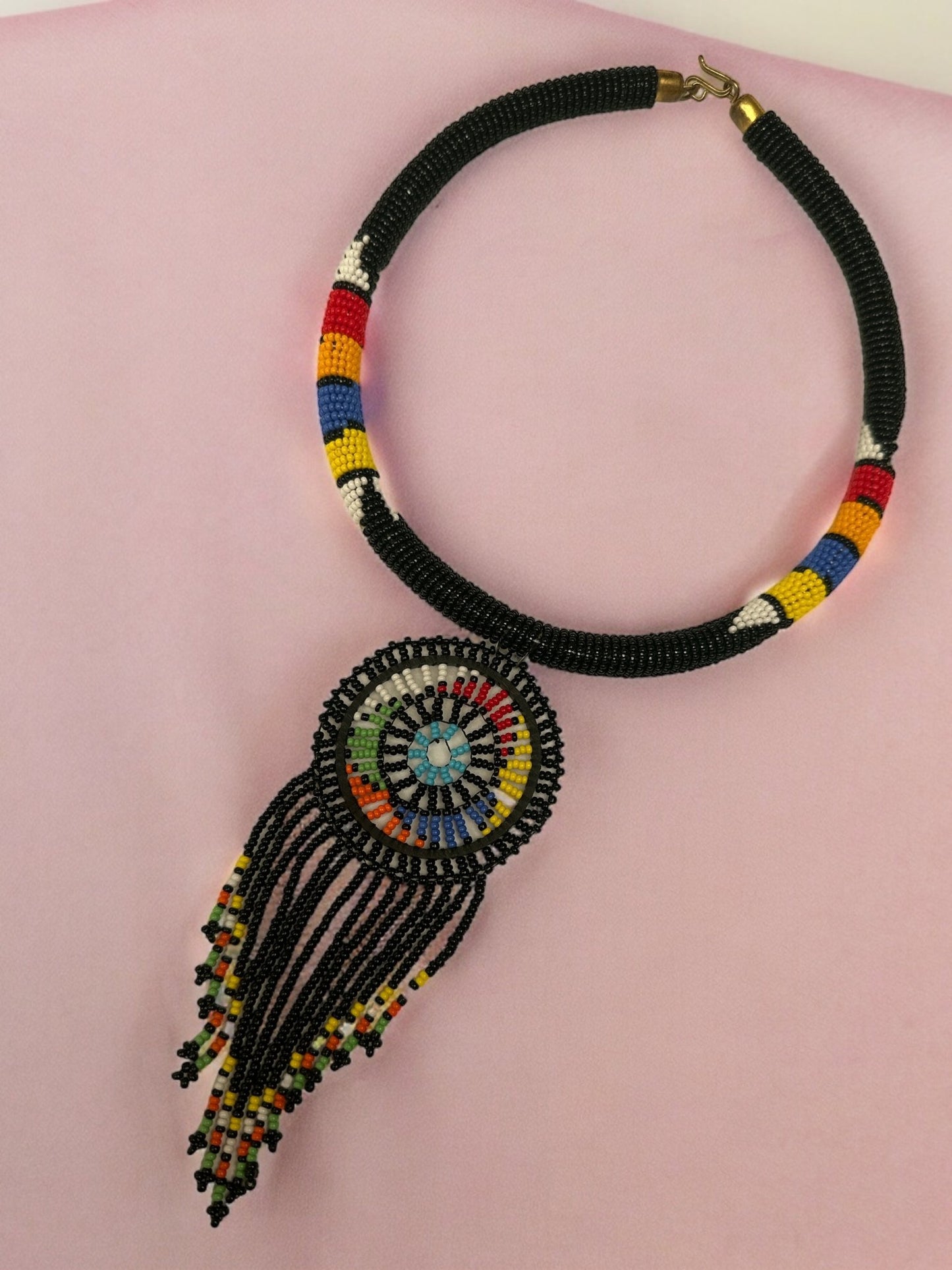 Authentic African Black Beaded Tassel Ethnic Pendant Necklace - Fatisha Boutique