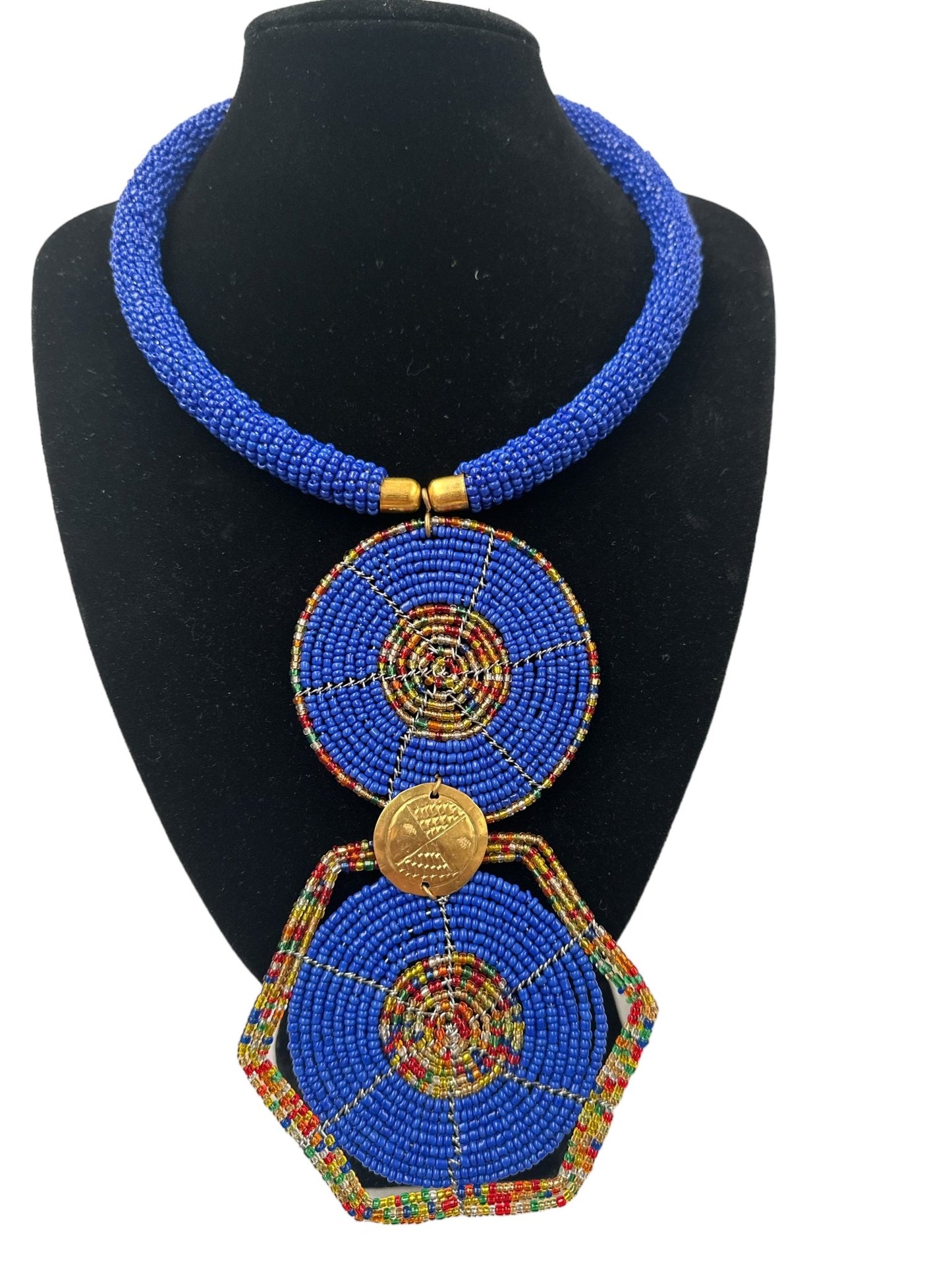 Authentic African Blue Beaded Disc Pendant Necklace - Fatisha Boutique