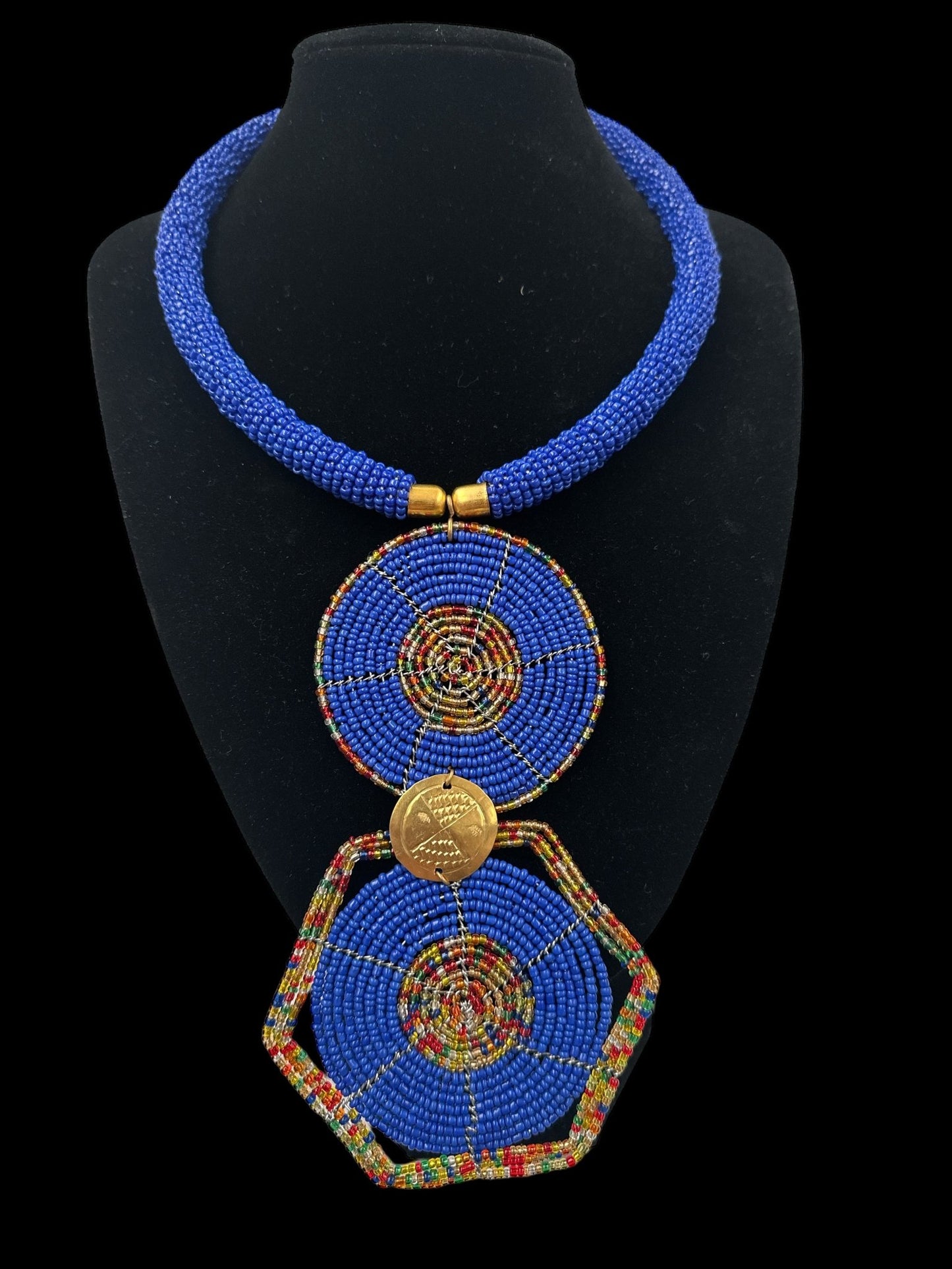 Authentic African Blue Beaded Disc Pendant Necklace - Fatisha Boutique