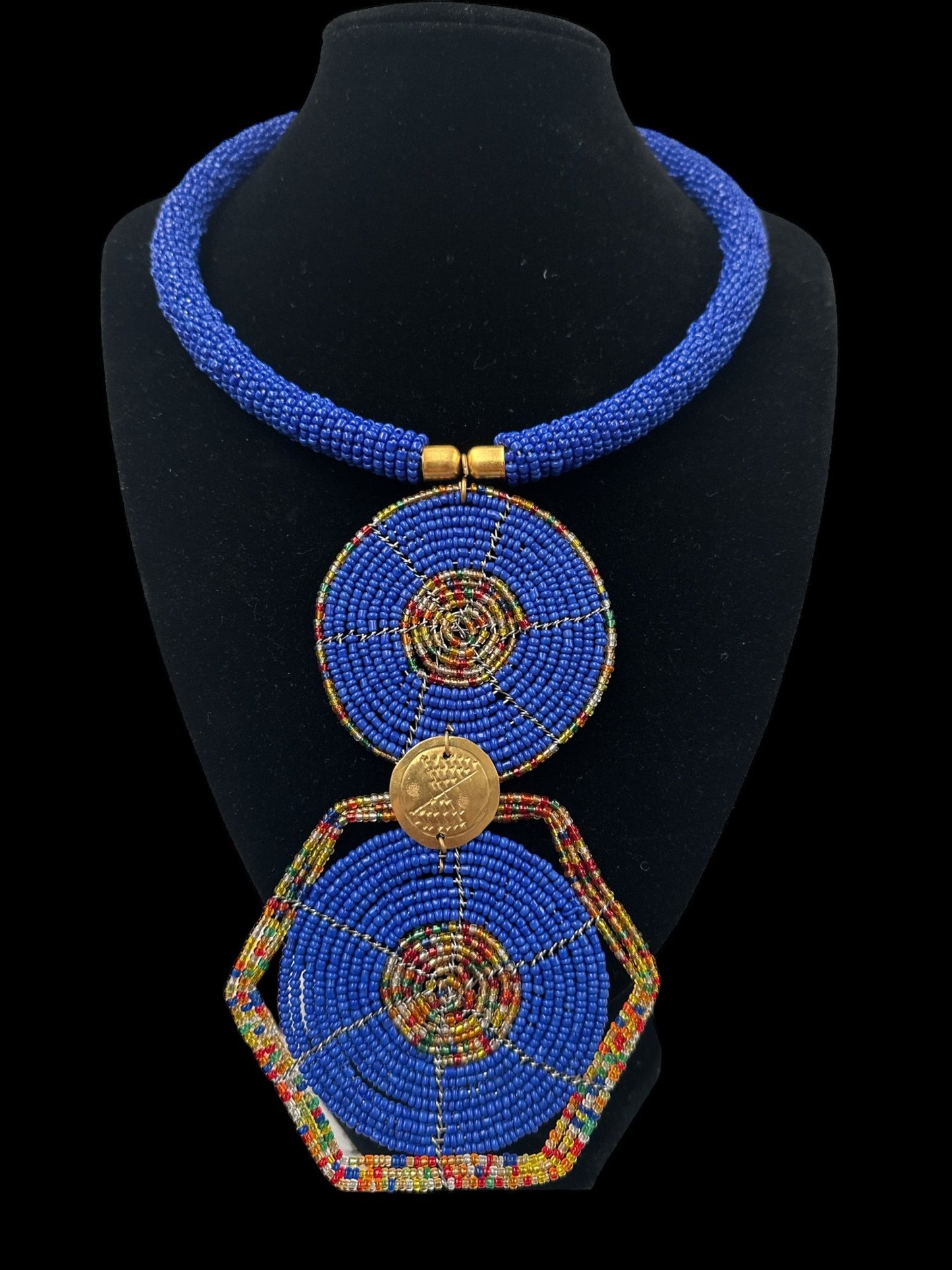 Authentic African Blue Beaded Disc Pendant Necklace - Fatisha Boutique