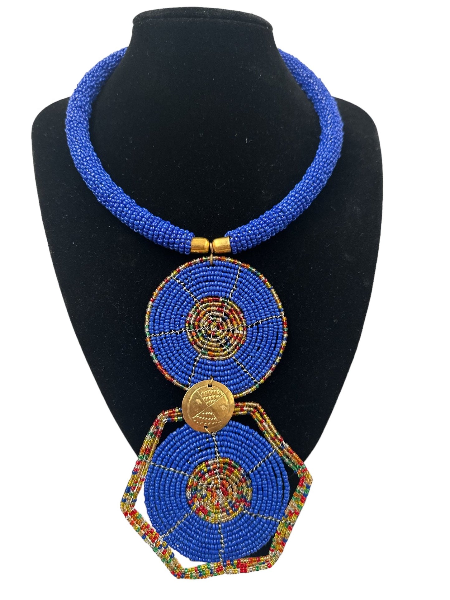 Authentic African Blue Beaded Disc Pendant Necklace - Fatisha Boutique