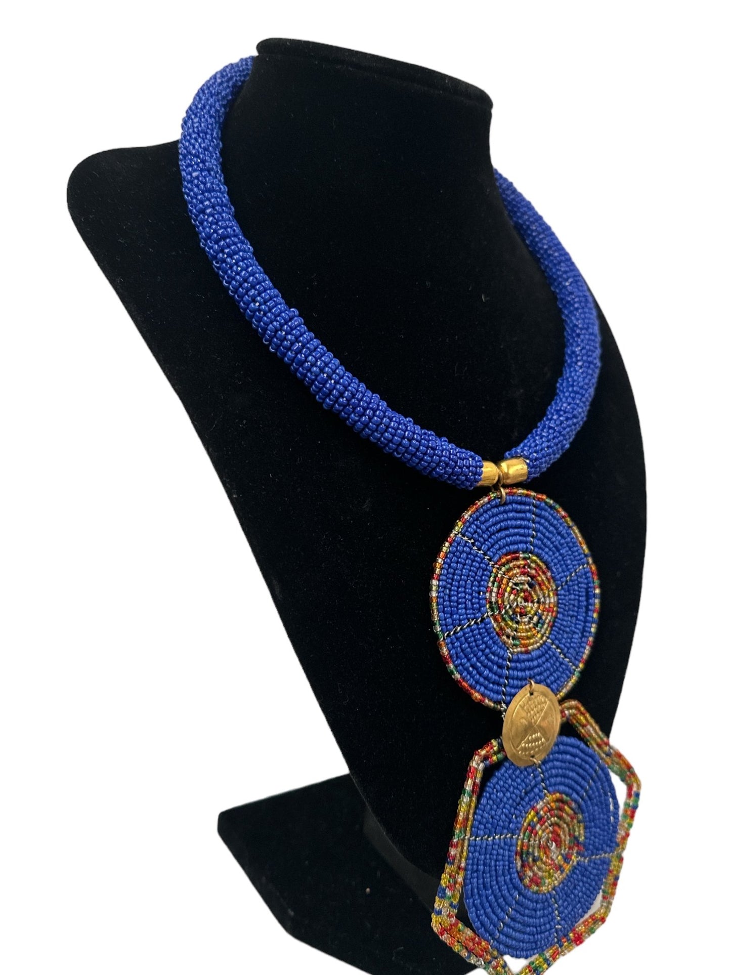 Authentic African Blue Beaded Disc Pendant Necklace - Fatisha Boutique