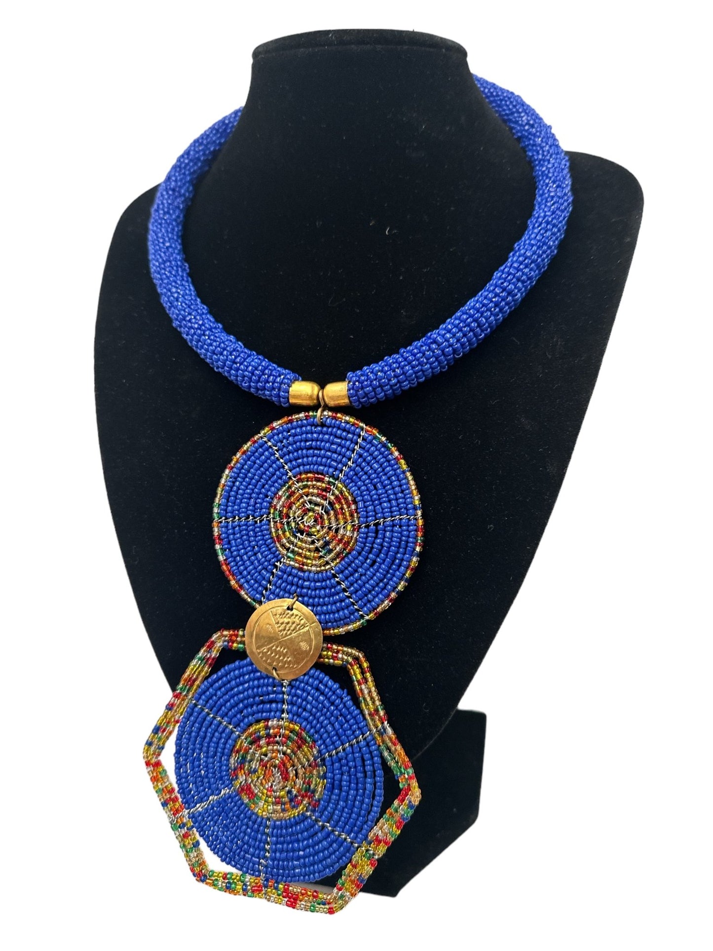 Authentic African Blue Beaded Disc Pendant Necklace - Fatisha Boutique