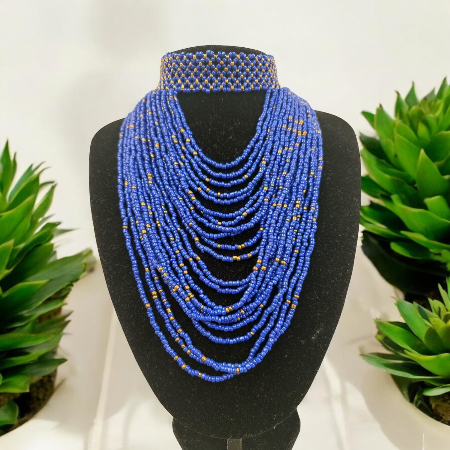 Authentic African Blue Beaded Ethnic Choker Necklace - Fatisha Boutique