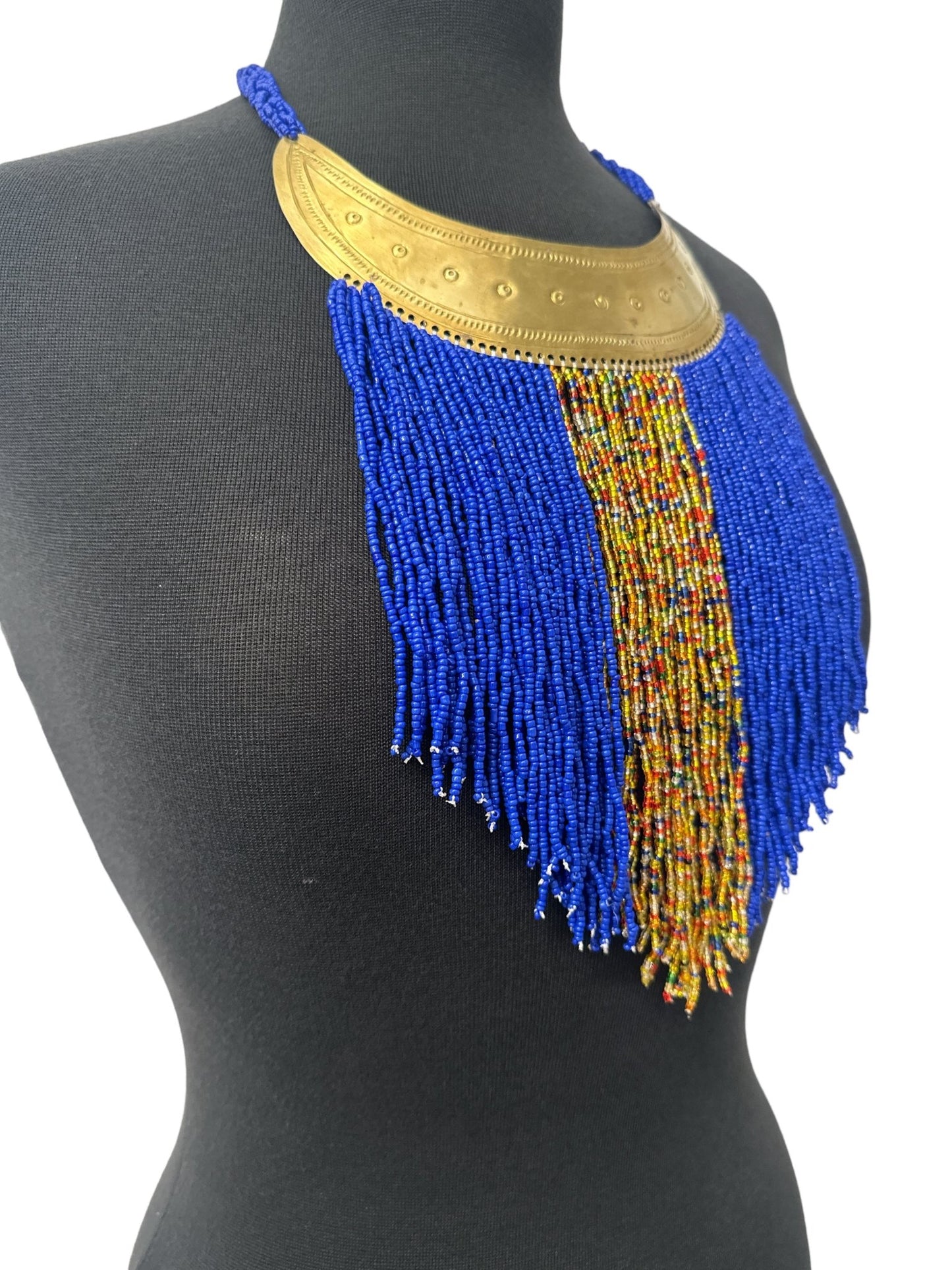 Authentic African Blue Beaded Ethnic Tassels Fringe Brass Pendant Necklace - Fatisha Boutique