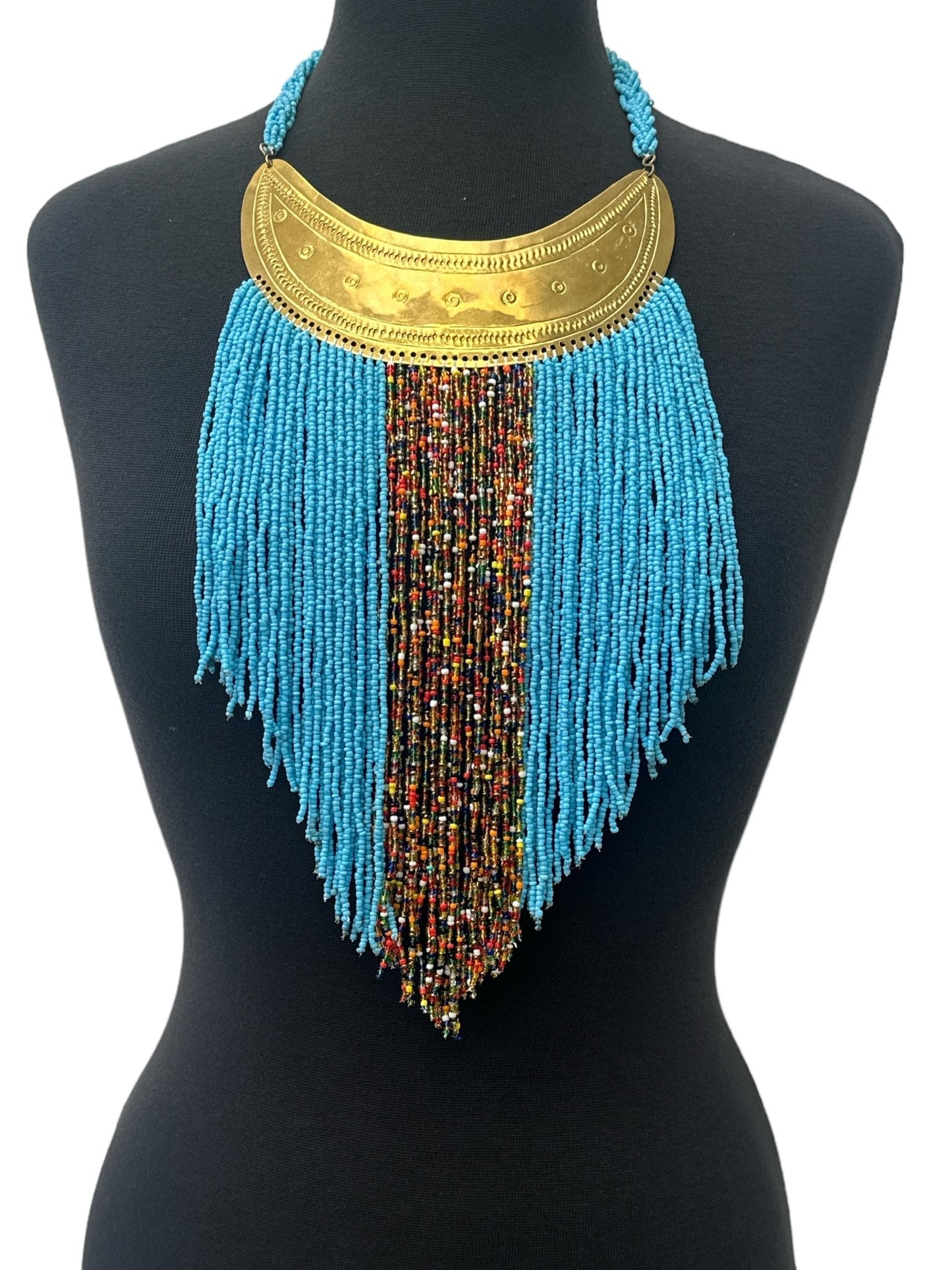 Authentic African Blue Beaded Ethnic Tassels Fringe Brass Pendant Necklace - Fatisha Boutique