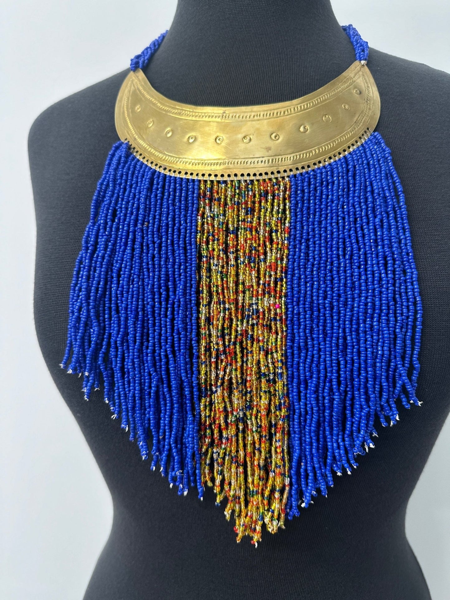 Authentic African Blue Beaded Ethnic Tassels Fringe Brass Pendant Necklace - Fatisha Boutique