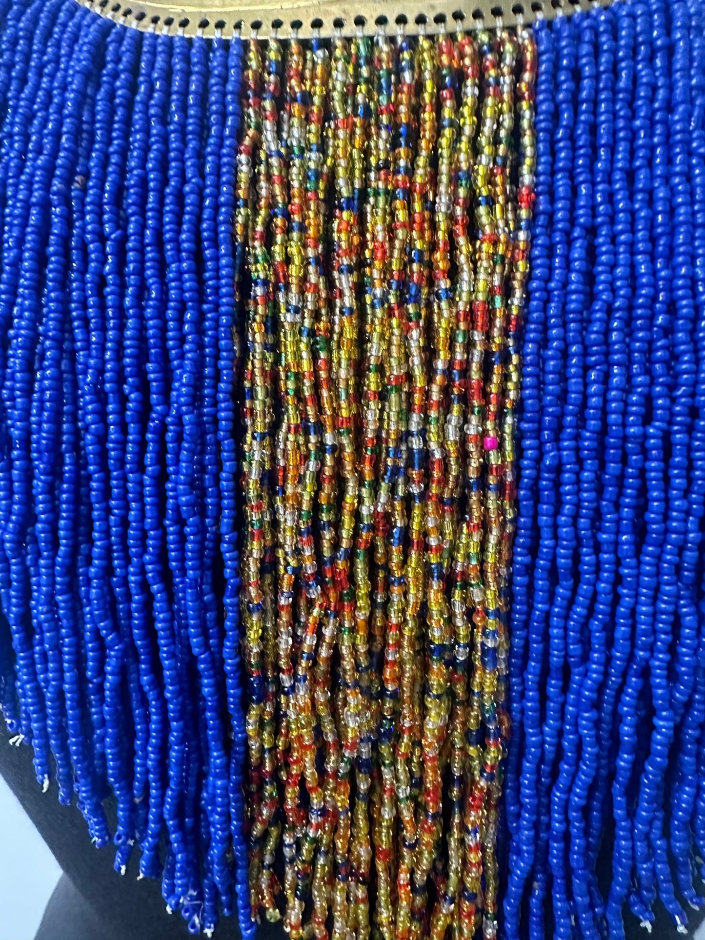 Authentic African Blue Beaded Ethnic Tassels Fringe Brass Pendant Necklace - Fatisha Boutique