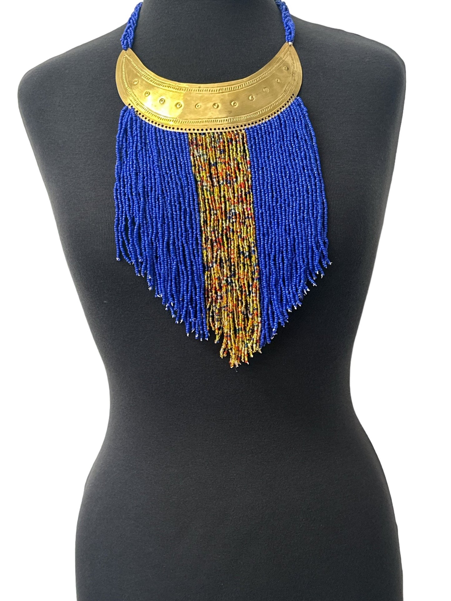 Authentic African Blue Beaded Ethnic Tassels Fringe Brass Pendant Necklace - Fatisha Boutique