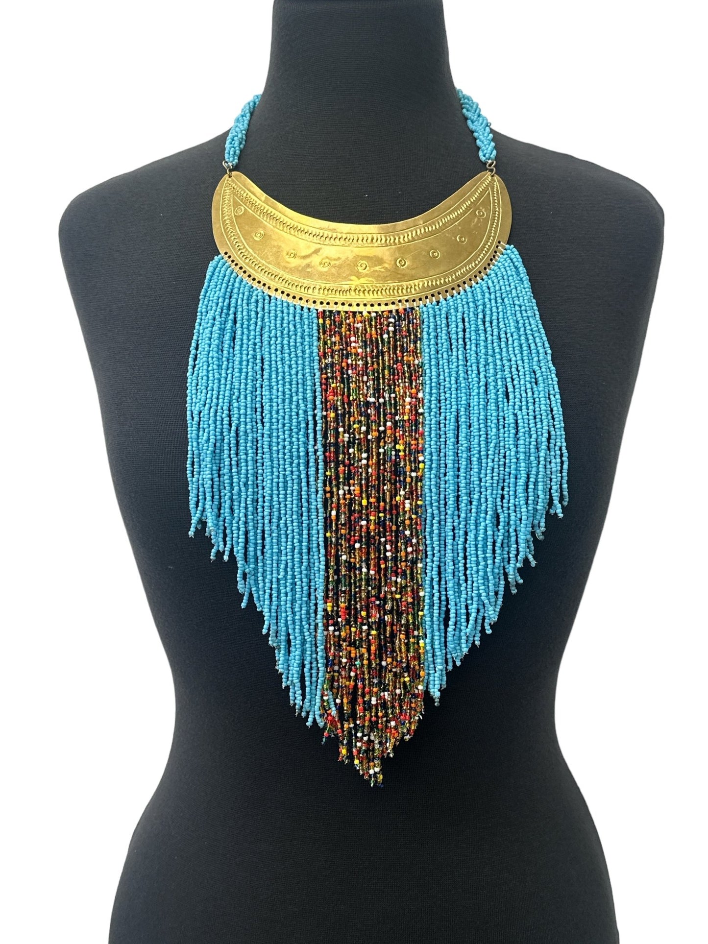Authentic African Blue Beaded Ethnic Tassels Fringe Brass Pendant Necklace - Fatisha Boutique