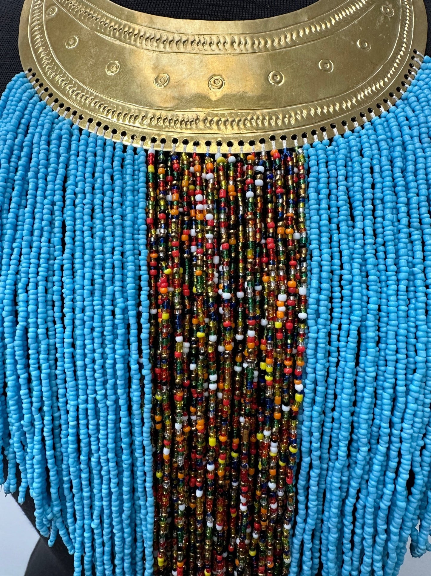 Authentic African Blue Beaded Ethnic Tassels Fringe Brass Pendant Necklace - Fatisha Boutique