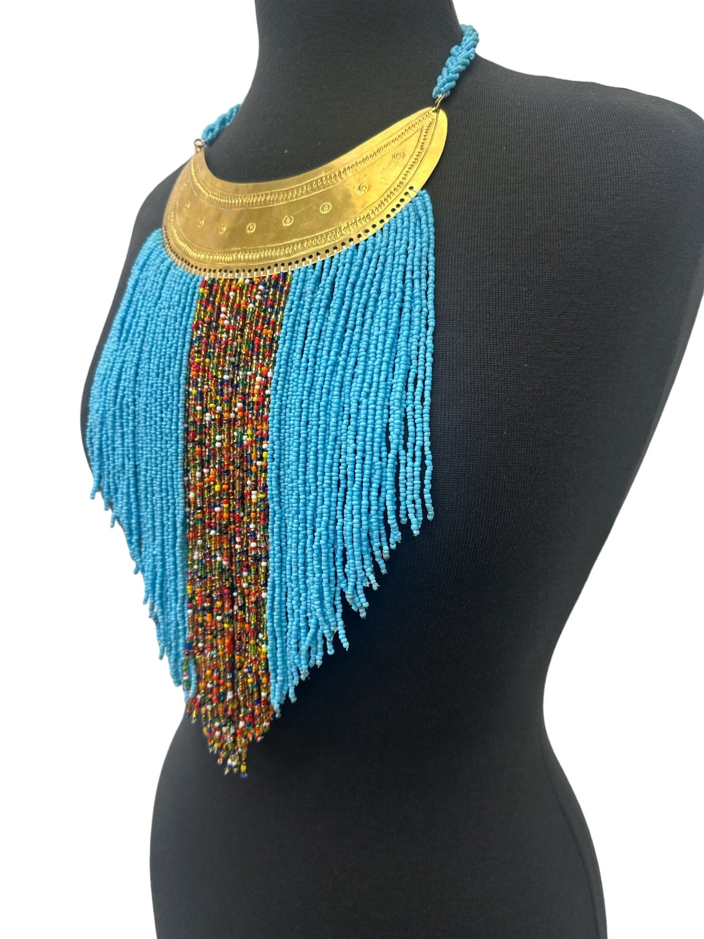 Authentic African Blue Beaded Ethnic Tassels Fringe Brass Pendant Necklace - Fatisha Boutique