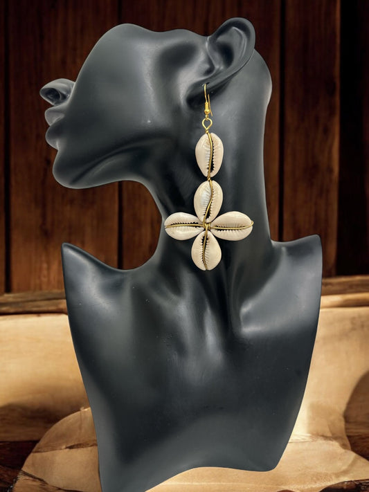 Authentic African Cowrie Seashell Long Star Design Dangle Earrings - Fatisha Boutique