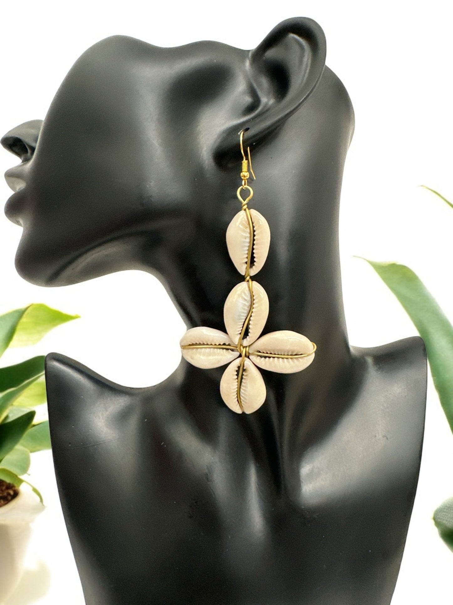 Authentic African Cowrie Seashell Long Star Design Dangle Earrings - Fatisha Boutique