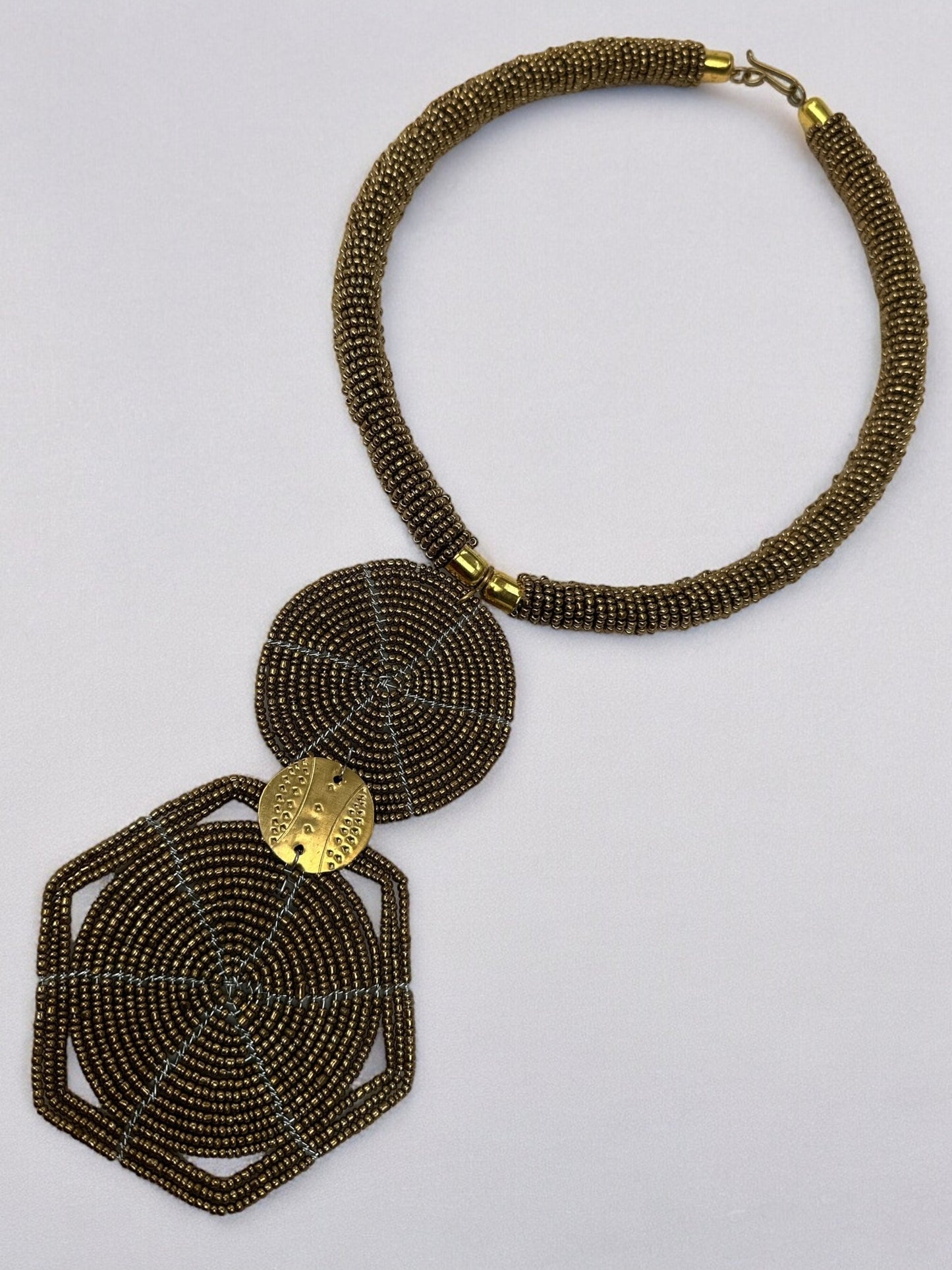 Authentic African Gold Beaded Disc Pendant Necklace - Fatisha Boutique