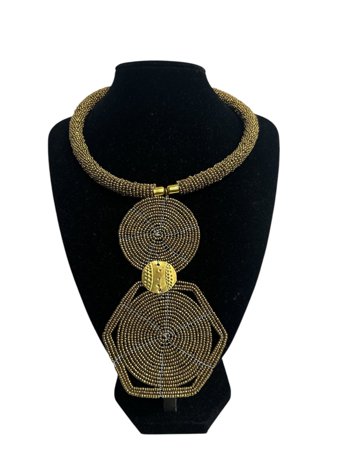 Authentic African Gold Beaded Disc Pendant Necklace - Fatisha Boutique