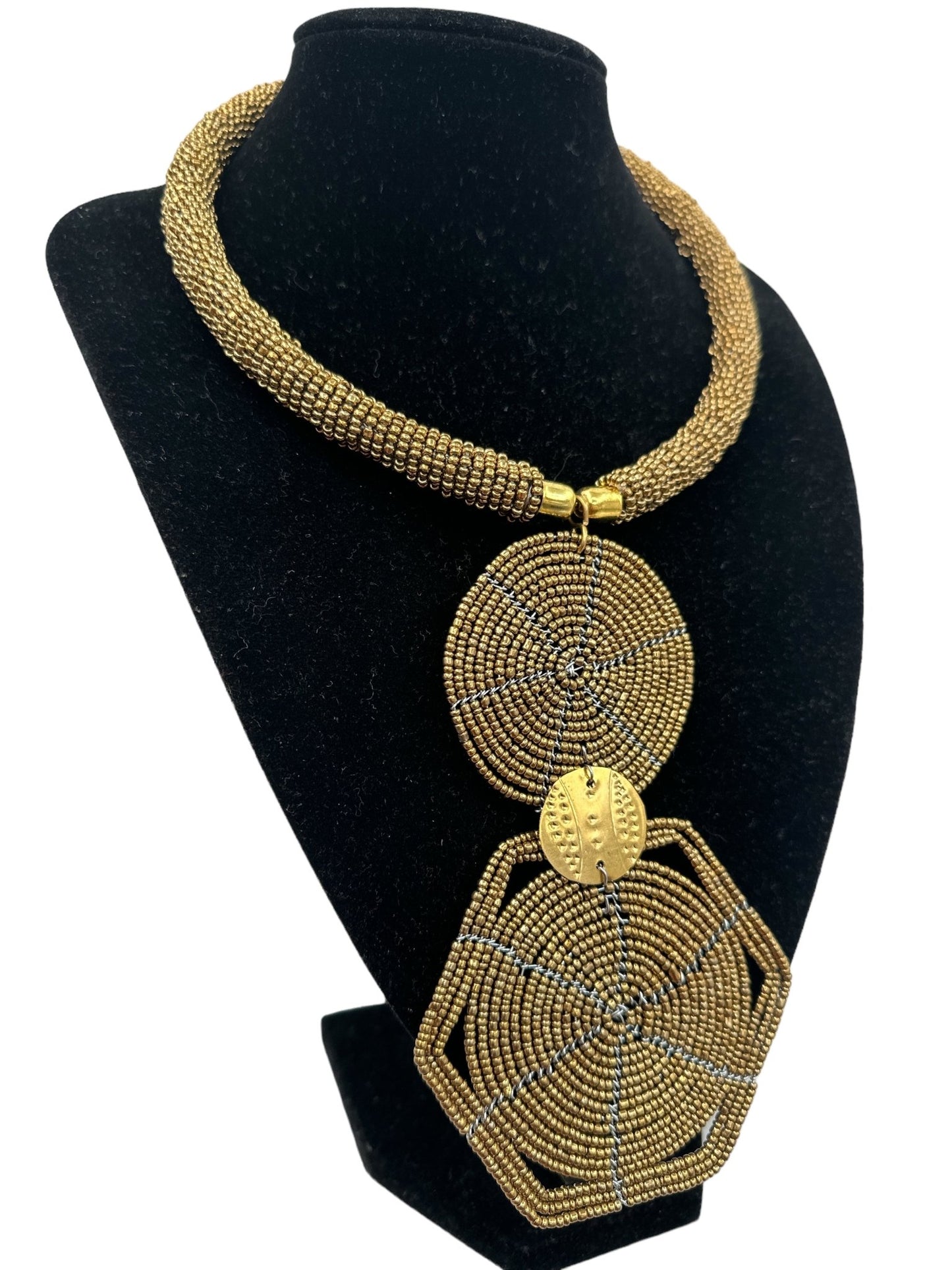 Authentic African Gold Beaded Disc Pendant Necklace - Fatisha Boutique