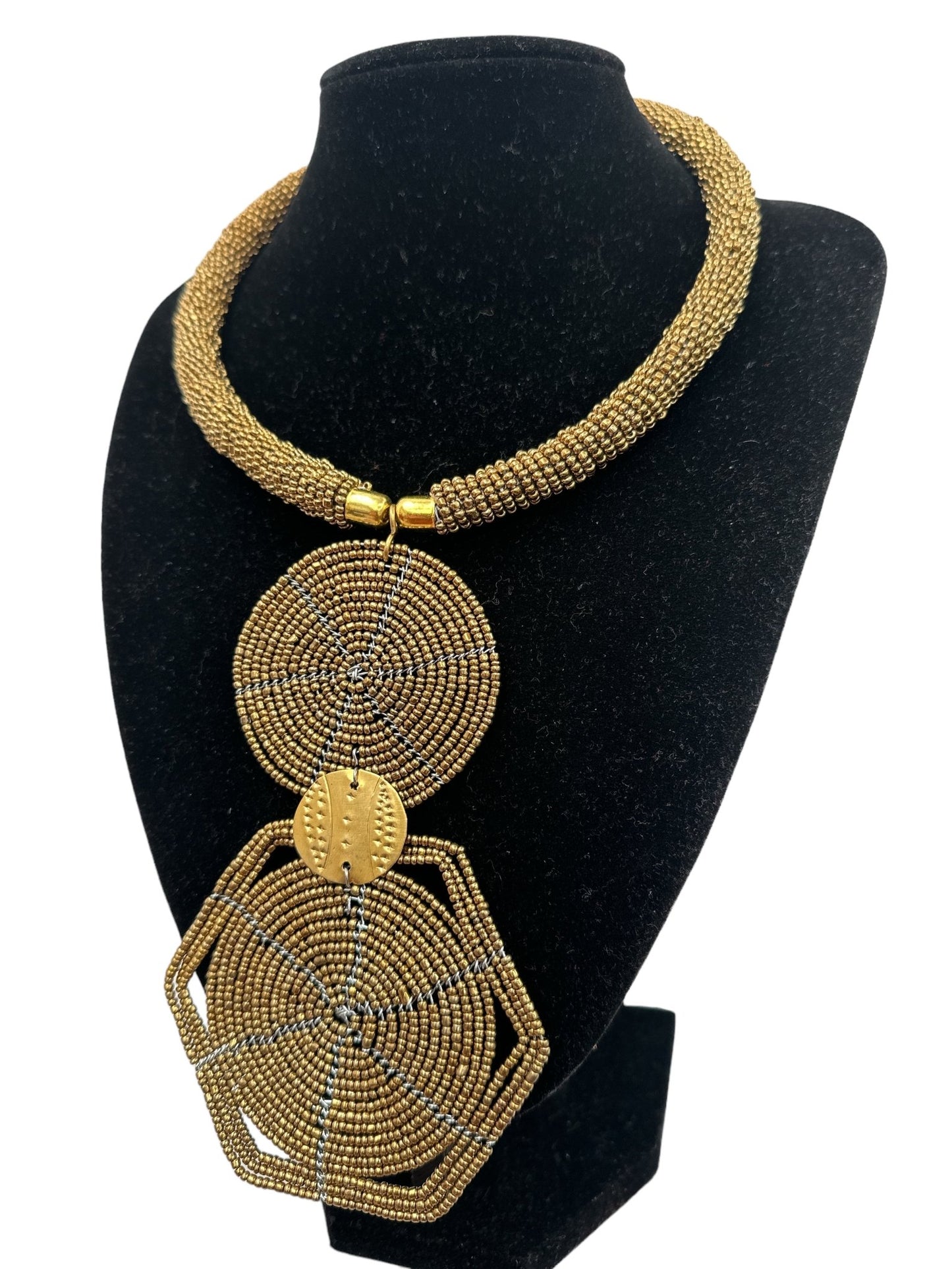 Authentic African Gold Beaded Disc Pendant Necklace - Fatisha Boutique