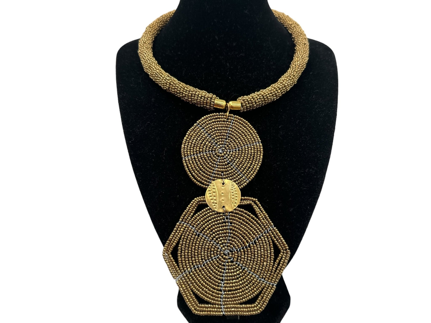 Authentic African Gold Beaded Disc Pendant Necklace - Fatisha Boutique
